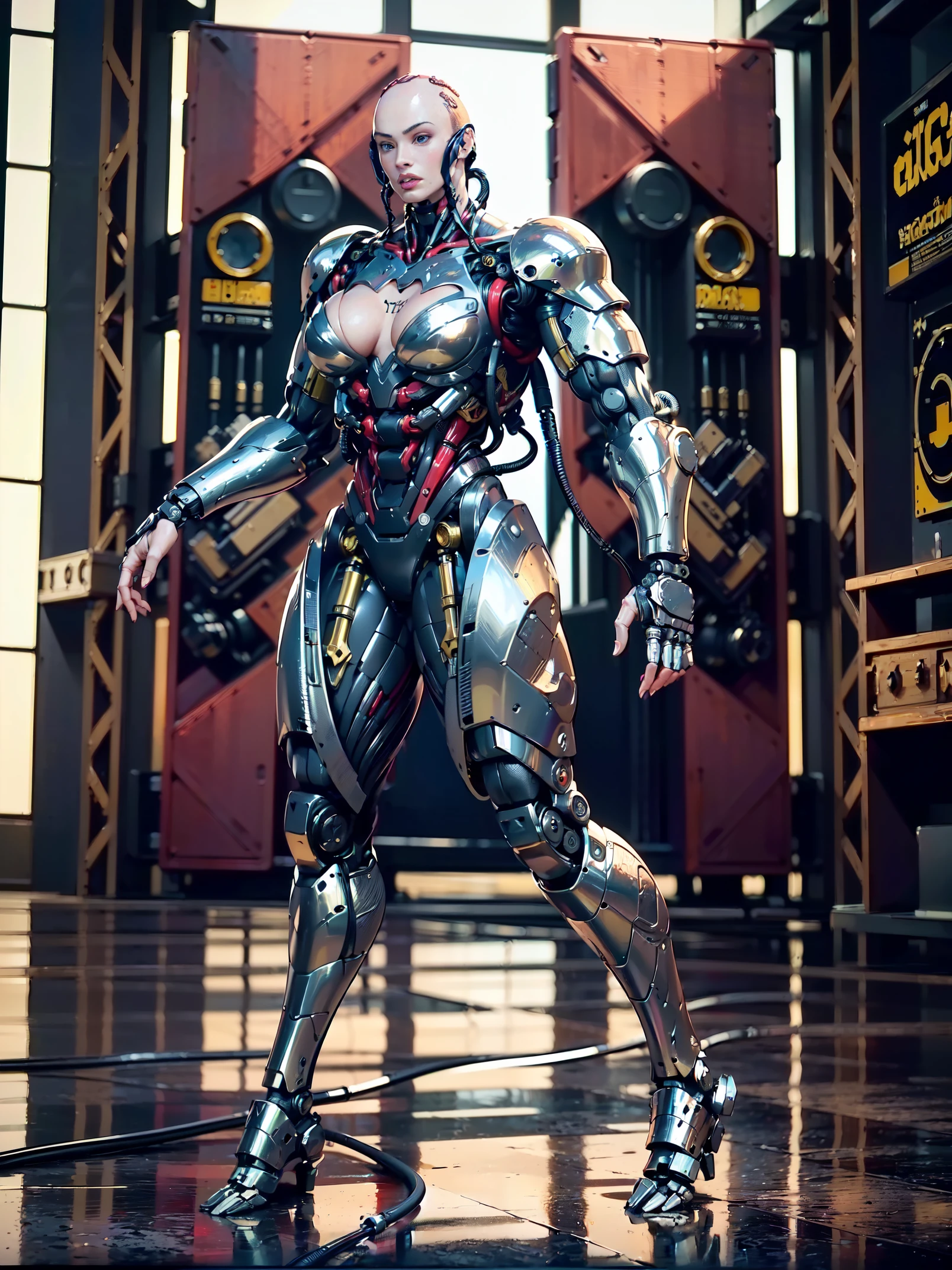(beautiful muscular female cyborg:1.25), (megan-fox:1.5), (full body pose), (metallic muscular armor:1.5), (no hair), (bald head covered in cables:1.5), (robotic mechanical physique:1.5), (super muscular female cyborg:1.5), (covered in cables and mechanical muscles:1.5), (android muscular anatomy:1.5), (perfect fingers:1.25),(8k, RAW photo, photorealistic:1.25), sci fi atmosphere, futuristic dystopia, alien landscape,
