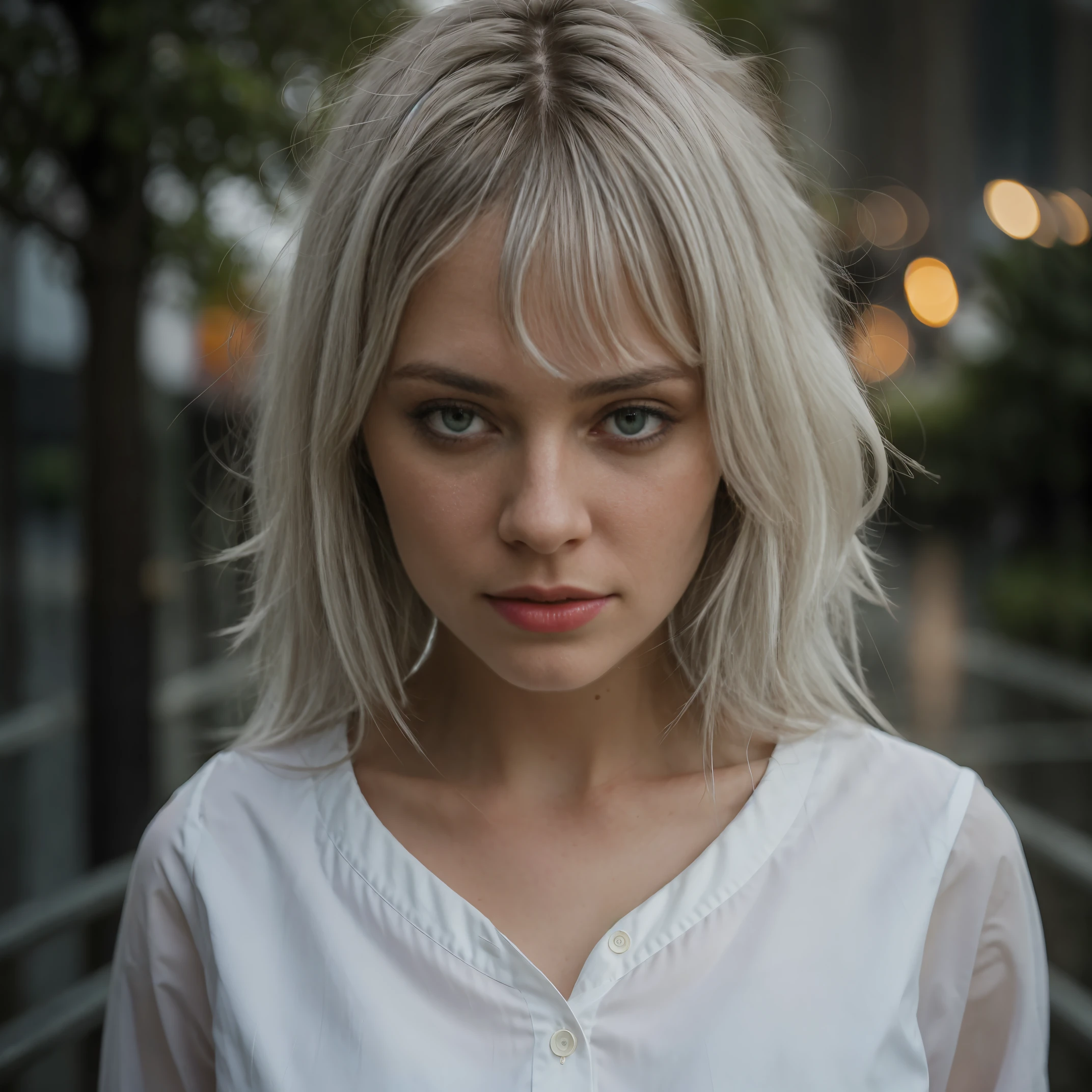 masterpiece, best quality, extremely detailed, cinematic lightning, intricate detail, highres, official art, finely detailed beautiful face and eyes, high resolution illustration, 8k, depth of field, bokeh, solo, 1girl, a girl with white hair and red eyes, long white hair, beautiful red eyes, beautiful landscape, rainy city, upper body, looking at viewer, close up