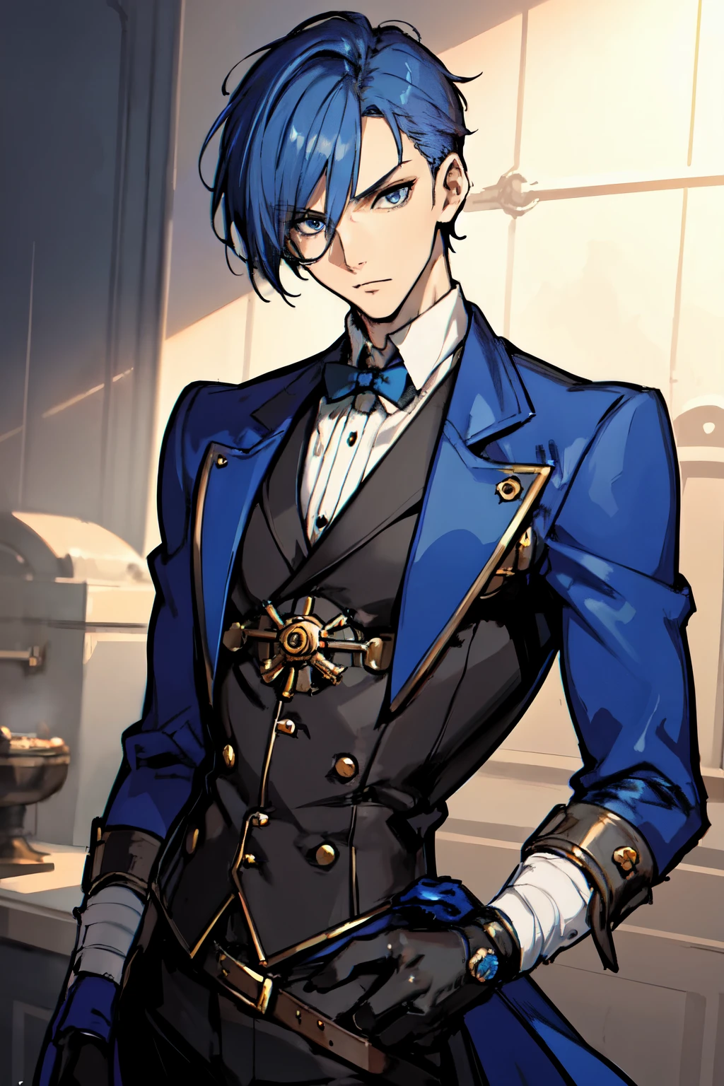 (masterpiece:1.2, best quality), (male), mature male, adult, blue hair, short hair, blue eyes, sharp gaze, tall and slender, handsome, steampunk, medium full shot