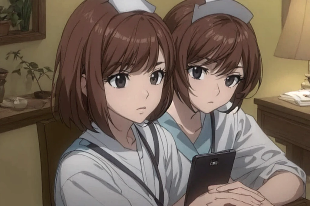A beautiful brown-haired nurse with a hairstyle similar to a bob cut is sitting。