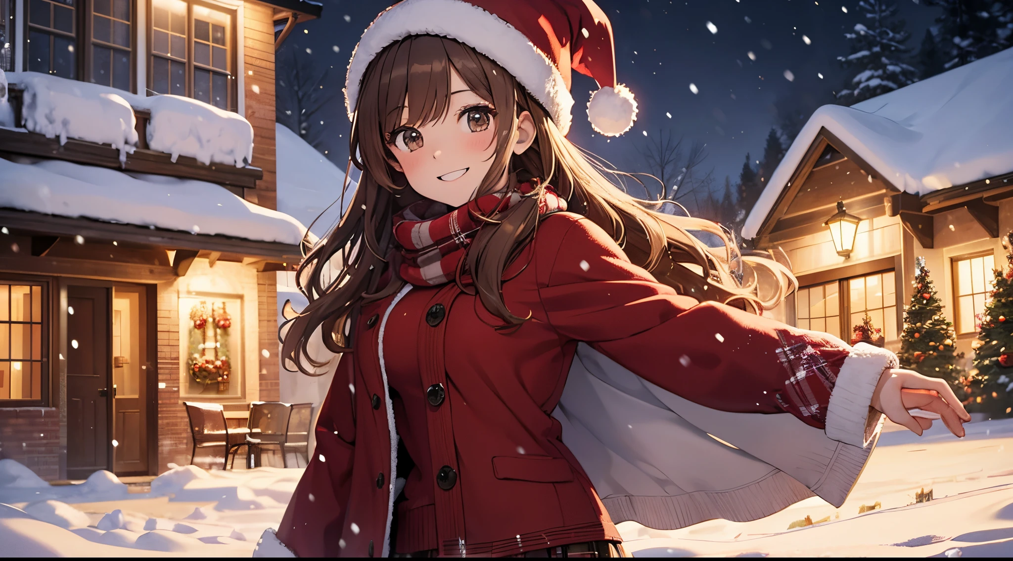 (masterpiece), (best quality), girl standing outside in the snow, wavy brown hair, red sweater, plaid skirt, santa claus hat, smiling, sexy, perfect body, christmas lights, night, (snowing: 1.25)