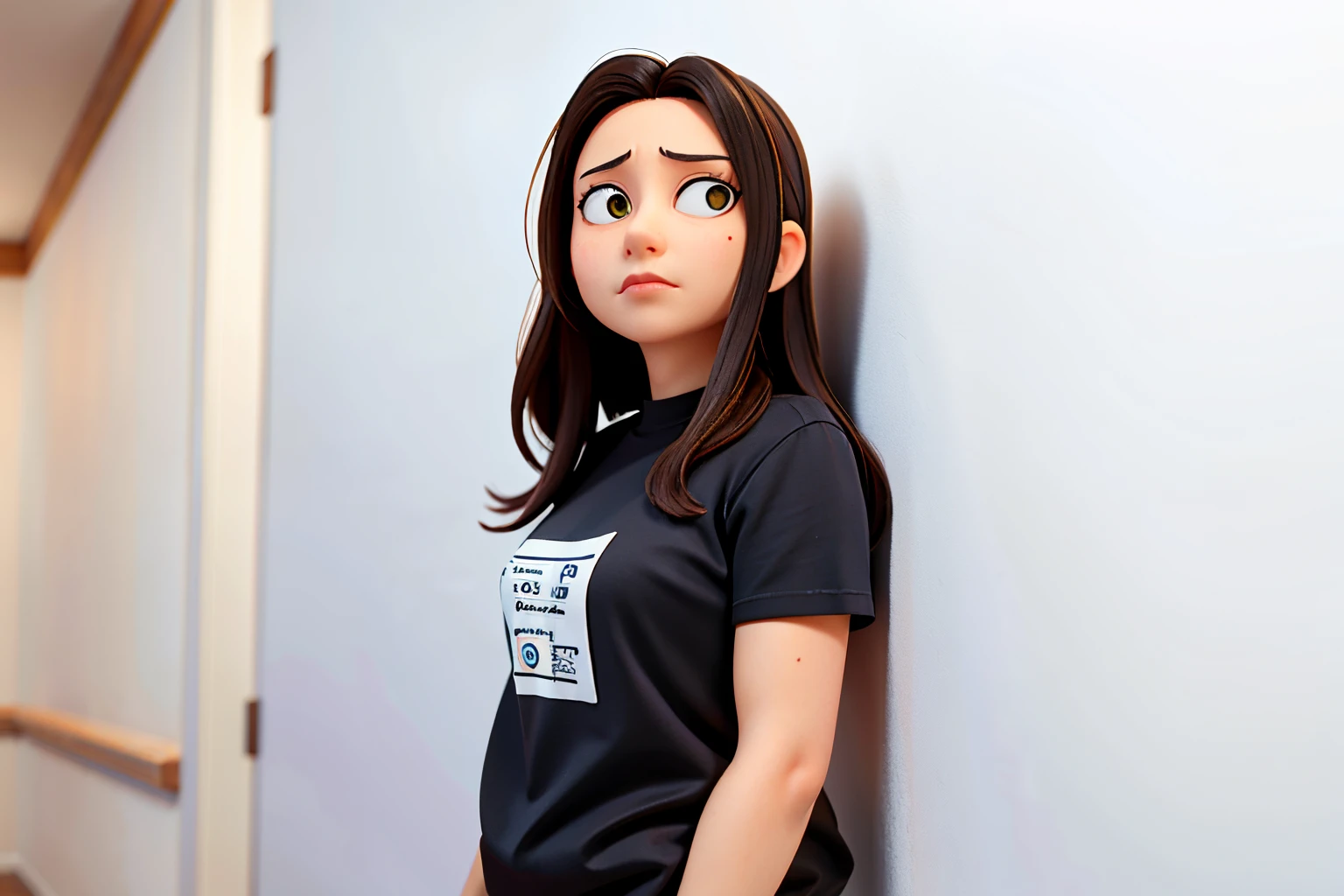 arafed woman in black shirt standing against a white wall