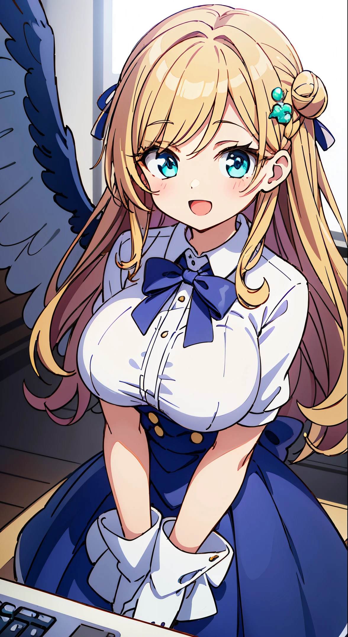 (masutepiece, transparent air, transparent eyes,Best Quality, Perfect Anatomy, High quality:1.4), absurderes, absolutely resolution, unbelievable Ridiculous, hight resolution, ultra-detailliert, Official art, Unity 8k壁纸, Kinetic typography,nice hand, Perfect hands, Detailed beautiful hands, Large_filesize, fulcolor, hight resolution, symmetric, exceptional, Best aesthetic, newest, Anime, very beautiful detailed body,The hair,faces,The eye, BREAK, 1 beautiful girl, girl with, (Cute:1.5),(Chibi:0.5),(kawaii:2.0),(Lori:2.0),( girl),(large full breasts:1.65),(Ahoge,Twin braids,Blonde hair, blue bow, Green eyes,eyebrows visible through hair,side locks,Parted bangs,Long hair, Hair Flower, Hair Ornament, Big ribbon in the hair, Curly hair,Bow:1.4),:el,White feathers, one white winged, Angel wings,Spread wings, Glowing wings),pitt \(Kid Icarus\),gleaming skin, Clear skin, shining beautiful skin, Open mouth,Smile, Solo, tusk, Upper teeth,(long eyelashes, Double eyelids:1.2),Solo,gleaming skin, Clear skin, Beautiful skin,(best quality face),(Top quality glowing eyes),(The best smile,Doya face:1.45),
BREAK is the elegance of a traditional English mansion butler,
equipping, Tailored blazer in classic neutral tones,
High-waisted trousers with straight or wide-leg cut,
A crisp white button-up shirt for a timeless look..,
Polished oxford shoes for a sophisticated touch,
classic black bow tie for formal men's clothing.,
Leather gloves and vintage watches as accessories.
Sleek bun or low ponytail for a sophisticated hairstyle,
Minimal makeup that emphasizes defined eyebrows,
Create a sophisticated atmosphere with subtle pearl or stud earrings,
BREAK ,(Office, desk work, whiteboard, sofa, buildings from window,Makuhoku Computer,
(upward looking gaze :1.2) ,
Looking Up ,
From above ,depth of fields,
BREAK,wakame,wakame,wakame,(Cowboy Shot:1.4),
BREAK,(Blurry background:1.3),(absurderes, hight resolution, Super Detail Art),cel shading,Clear Color, Lonely optical effect, Beautiful pictures, Bright glow, mystic atmosphere,(Close-up of girl:1.1), Mystical light particle effect,manga influence, clean line drawings,