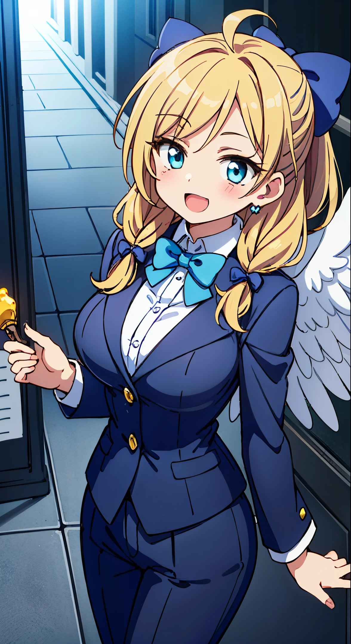 (masutepiece, transparent air, transparent eyes,Best Quality, Perfect Anatomy, High quality:1.4), absurderes, absolutely resolution, unbelievable Ridiculous, hight resolution, ultra-detailliert, Official art, Unity 8k壁纸, Kinetic typography,nice hand, Perfect hands, Detailed beautiful hands, Large_filesize, fulcolor, hight resolution, symmetric, exceptional, Best aesthetic, newest, Anime, very beautiful detailed body,The hair,faces,The eye, BREAK, 1 beautiful girl, girl with, (Cute:1.5),(Chibi:0.5),(kawaii:2.0),(Lori:2.0),(12 year old girl),(large full breasts:1.65),(Ahoge,Twin braids,Blonde hair, blue bow, Green eyes,eyebrows visible through hair,side locks,Parted bangs,Long hair, Hair Flower, Hair Ornament, Big ribbon in the hair, Curly hair,Bow:1.4),:el,White feathers, one white winged, Angel wings,Spread wings, Glowing wings),pitt \(Kid Icarus\),gleaming skin, Clear skin, shining beautiful skin, Open mouth,Smile, Solo, tusk, Upper teeth,(long eyelashes, Double eyelids:1.2),Solo,gleaming skin, Clear skin, Beautiful skin,(best quality face),(Top quality glowing eyes),(The best smile,Doya face:1.45), 

BREAK is the elegance of a traditional English mansion butler,
equipping, Tailored blazer in classic neutral tones,
High-waisted trousers with straight or wide-leg cut,
A crisp white button-up shirt for a timeless look..,
Polished oxford shoes for a sophisticated touch,
classic black bow tie for formal men&#39;s clothing.,
Leather gloves and vintage watches as accessories.
Sleek bun or low ponytail for a sophisticated hairstyle,
Minimal makeup that emphasizes defined eyebrows,
Create a sophisticated atmosphere with subtle pearl or stud earrings,


BREAK ,(Office, desk work, whiteboard, sofa, buildings from window,Makuhoku Computer,
(upward looking gaze :1.2) ,
Looking Up ,
From  above ,depth of fields,

 BREAK,wakame,wakame,wakame,(Cowboy Shot:1.4), 

BREAK,(Blurry background:1.3),(absurderes, hight resolution, Super Detail Art),cel shading,Clear Color, Lonely optical effect, Beautiful pictures, Bright glow, mystic atmosphere,(Close-up of girl:1.1), Mystical light particle effect,manga influence, clean line drawings,