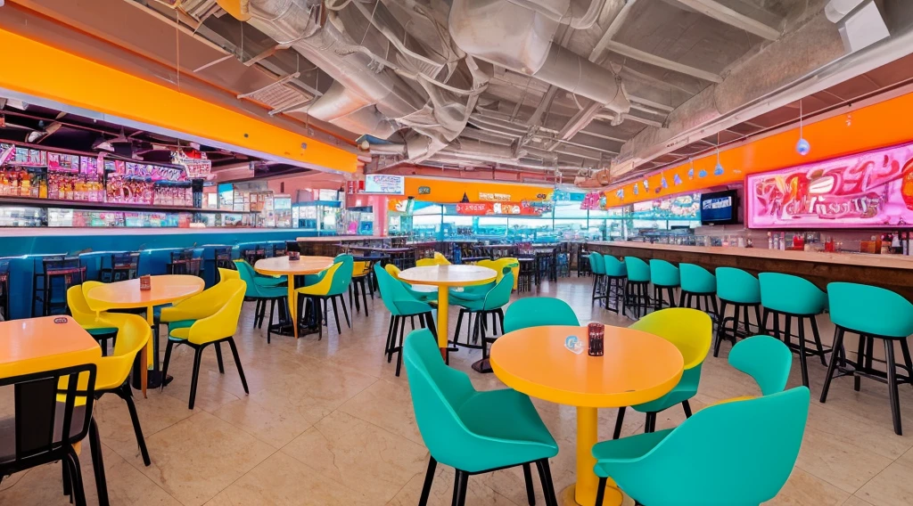 food court,sea side, future style, tacos bar, many chair, wide space,sunset,beer,neon light