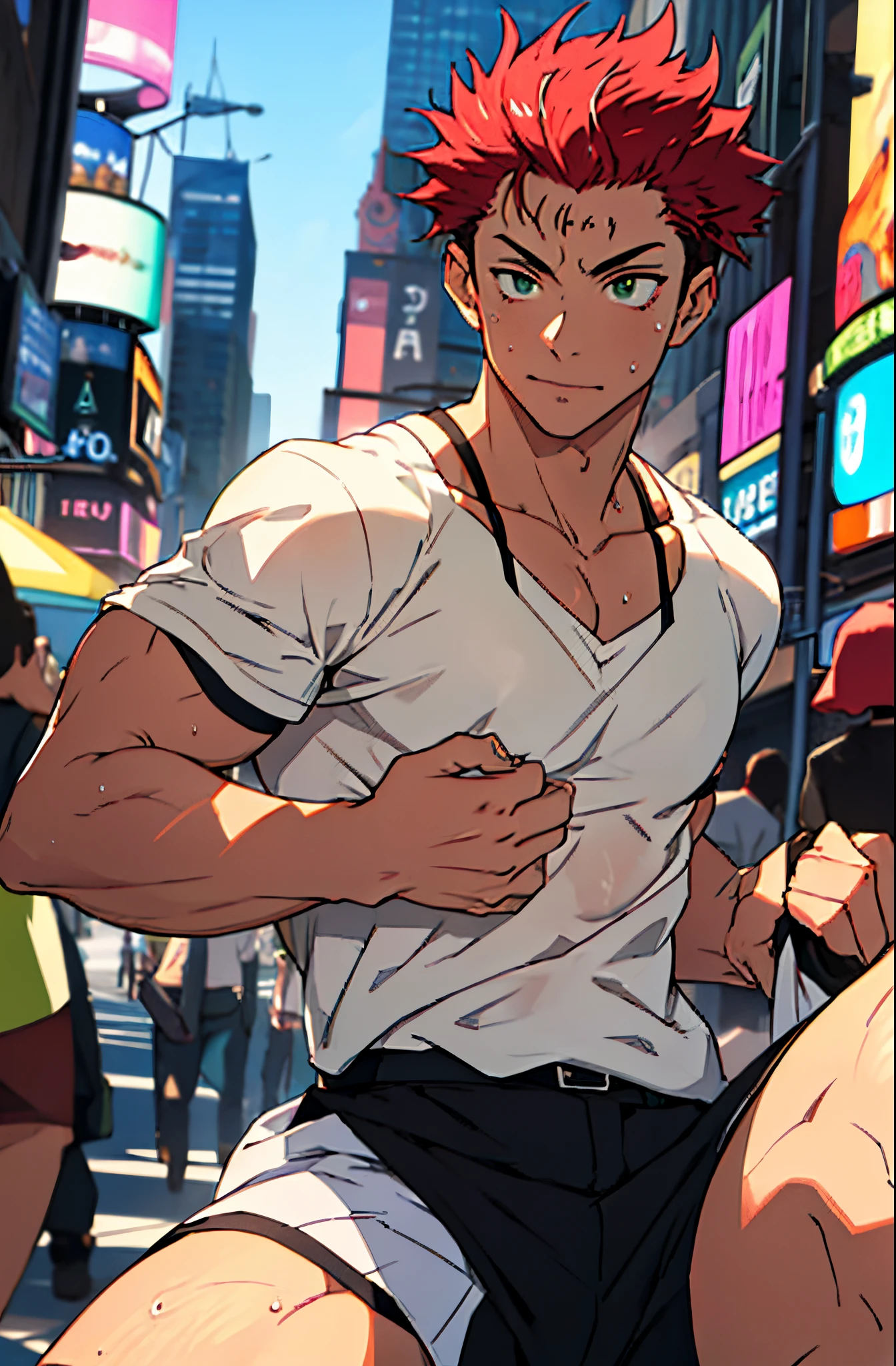 A mais alta qualidade, 8K, image high resolution, Detailed strokes, no meio de uma avenida movimentada estilo Times Square, 夏天 , muito calor, apoiado em um dos postes, adolecente, Red Hair, wearing a green tank top  , wearing shorts that go to the knee , masculo, chest a little tight in the shirt , suado, (Angulo de Baixo), (Angulo Perto) , pernas definidas, defined arms, abdomen definido, com a camisa, sweaty shirt