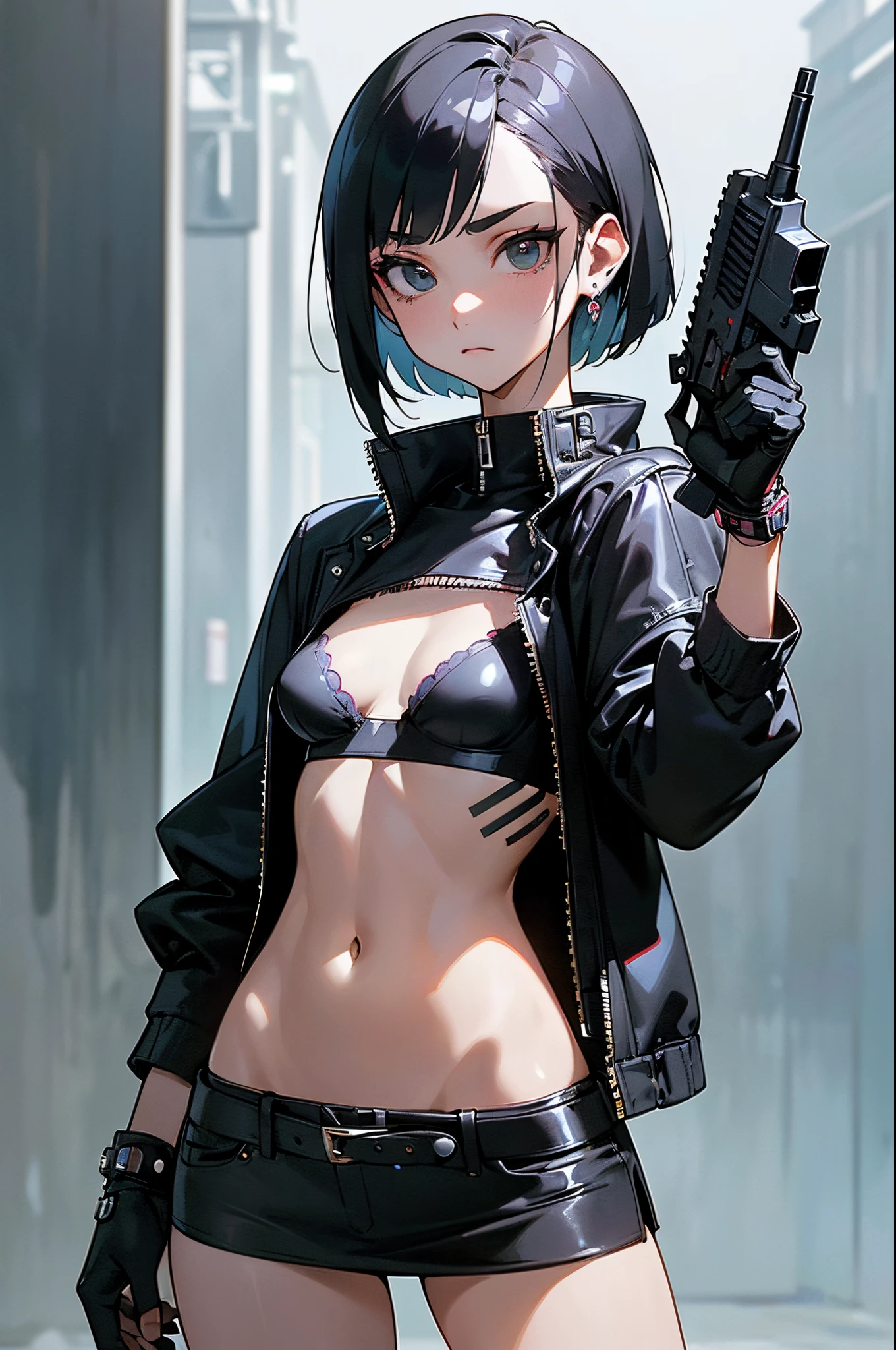 (Official art、Best Quality、Unity 8k Wallpapers、32K、 masterpiece、ultra-detailliert、High resolution,Perfect Anatomy),(natural soft light:1.2),Detailed beautiful face and eyes,best cel anime,cowboy shot,Turn your body to the viewer、Look at viewers、20-year-old beauty、japanes、(short bob hair),black hair,black eyes,serious facial expression,((smaller head:1.2,skinny:1.1,ideal ratio body proportions:1.2),tiny breast,gleaming skin,((punk fashion:1.3),Black bra、a miniskirt,Holding a handgun in hand:1.3、Precisely depicted downtown area with handguns、Cyberpunk city、