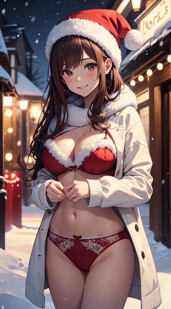 (masterpiece), (best quality), girl standing outside in the snow, wavy brown hair, (red and white lingerie), santa claus hat, smiling, sexy, perfect body, christmas lights, night, (snowing: 1.25)