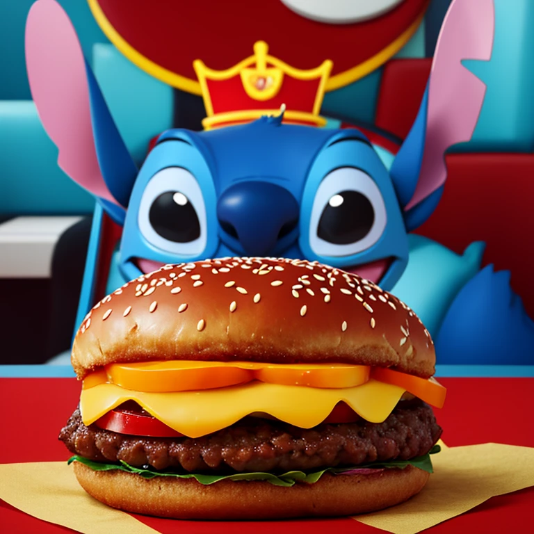 Stitch sits in Burger King and eats a big juicy burger