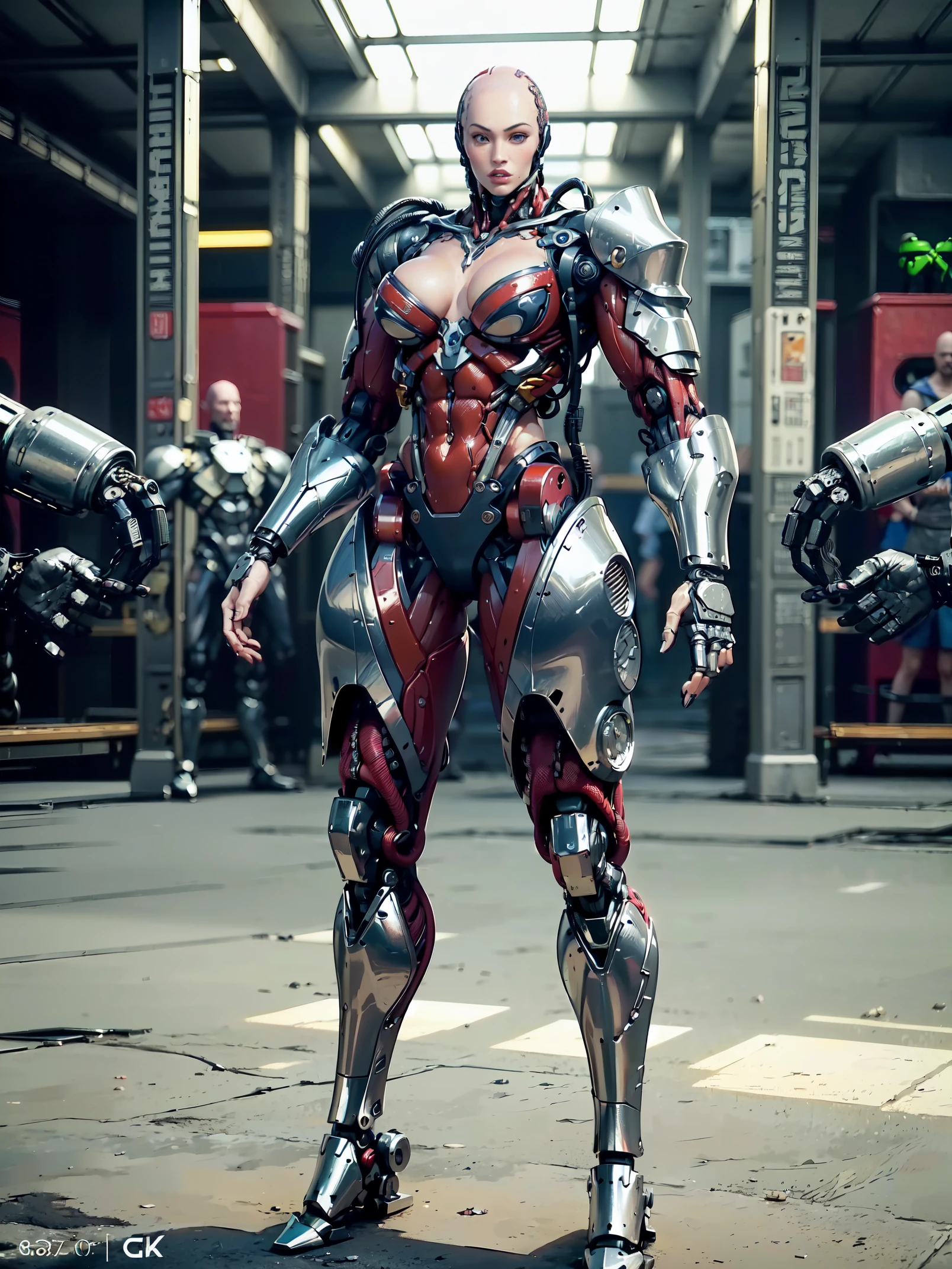 (beautiful muscular female cyborg:1.25), (megan-fox:1.5), (full body pose), (metallic muscular armor:1.5), (no hair), (bald head covered in cables:1.5), (robotic mechanical physique:1.5), (super muscular female cyborg:1.5), (covered in cables and mechanical muscles:1.5), (android muscular anatomy:1.5), (perfect fingers:1.25),(8k, RAW photo, photorealistic:1.25), sci fi atmosphere, futuristic dystopia, alien landscape,