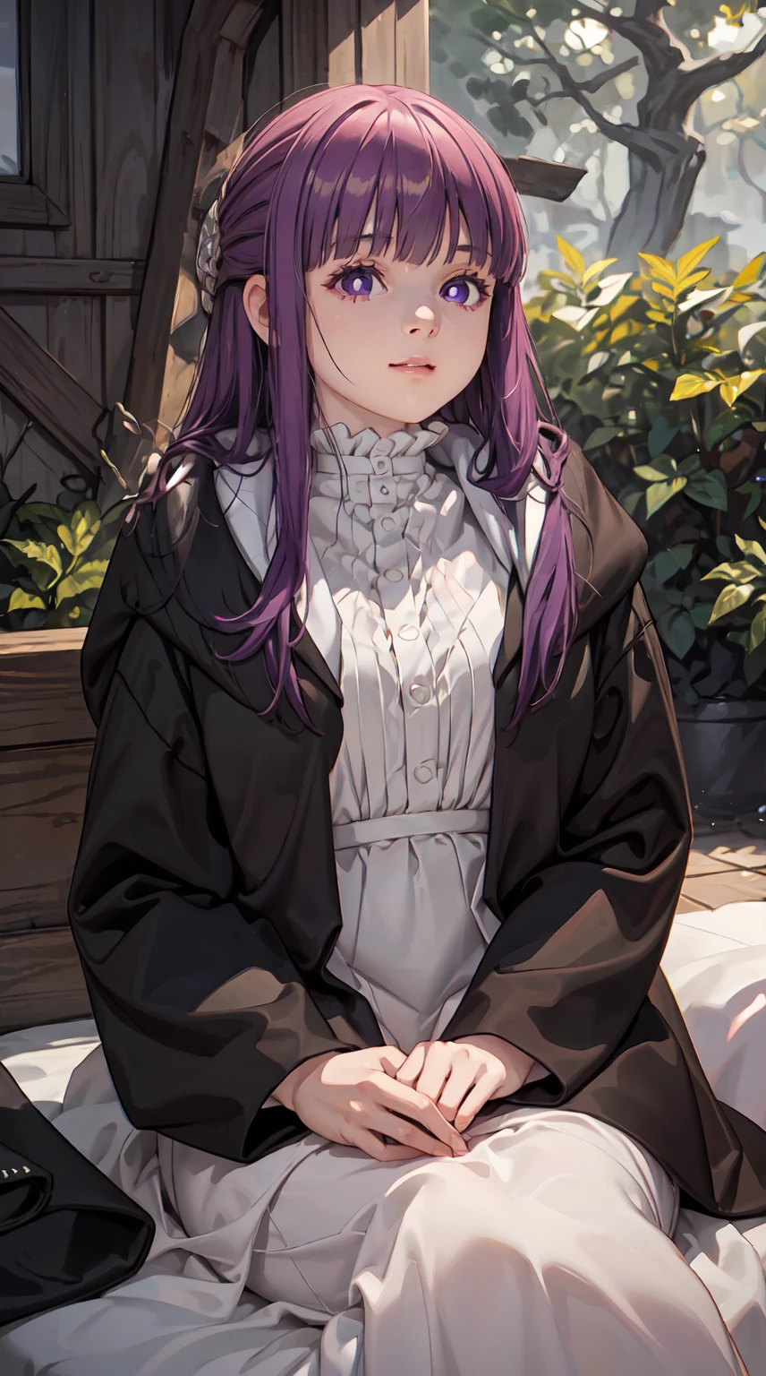 (purple hair:1.1,best quality,4k,8k,highres,masterpiece:1.2),ultra-detailed,(realistic,photorealistic,photo-realistic:1.37),Fern with vibrant purple hair sitting on a cushion in a serene garden, bathed in warm sunlight. She is surrounded by lush vegetation and colorful flowers, with delicate petals gently falling around her. Fern is wearing an elegant dress that complements her hair color, and the fabric flows gracefully around her as she sits. The digital art captures every intricate detail of Fern's vibrant hair, her expressive eyes, and her serene smile. The overall scene is rendered with vivid colors and a high level of realism, creating a mesmerizing masterpiece. The lighting accentuates the beauty of both Fern and the garden, highlighting the rich tones of the purple hair and the natural beauty of the surrounding flora. The artwork is a perfect blend of realism and artistic interpretation, showcasing the beauty of Fern and the tranquil atmosphere of the garden.