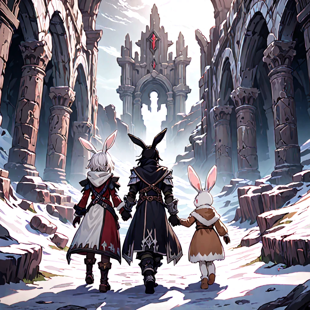 The man has long, flowing black hair, dark skin, and striking red eyes. The woman, with rabbit ears, sports short white hair, tan skin, and gentle brown eyes. Both are holding hands and dressed in Winter Final Fantasy 14-inspired attire. Medium-shot. from-behind. Background: The ancient, freezin ruins of Coerthas, with crumbling stone structures, remnants of an ancient civilization, and a hint of magical aura. Soft, ambient lighting. best quality, masterpiece, ultra-detailed, 8k, depth of field, cinematic composition.