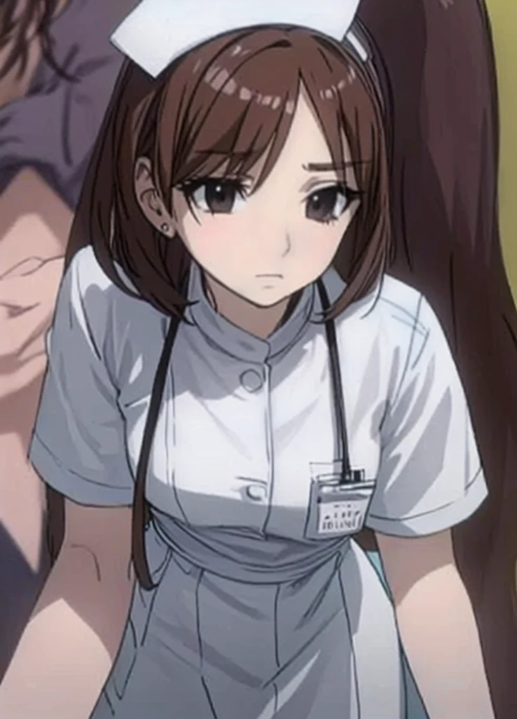 A beautiful nurse with a hairstyle similar to a bob cut is standing with a sad expression on her face.。