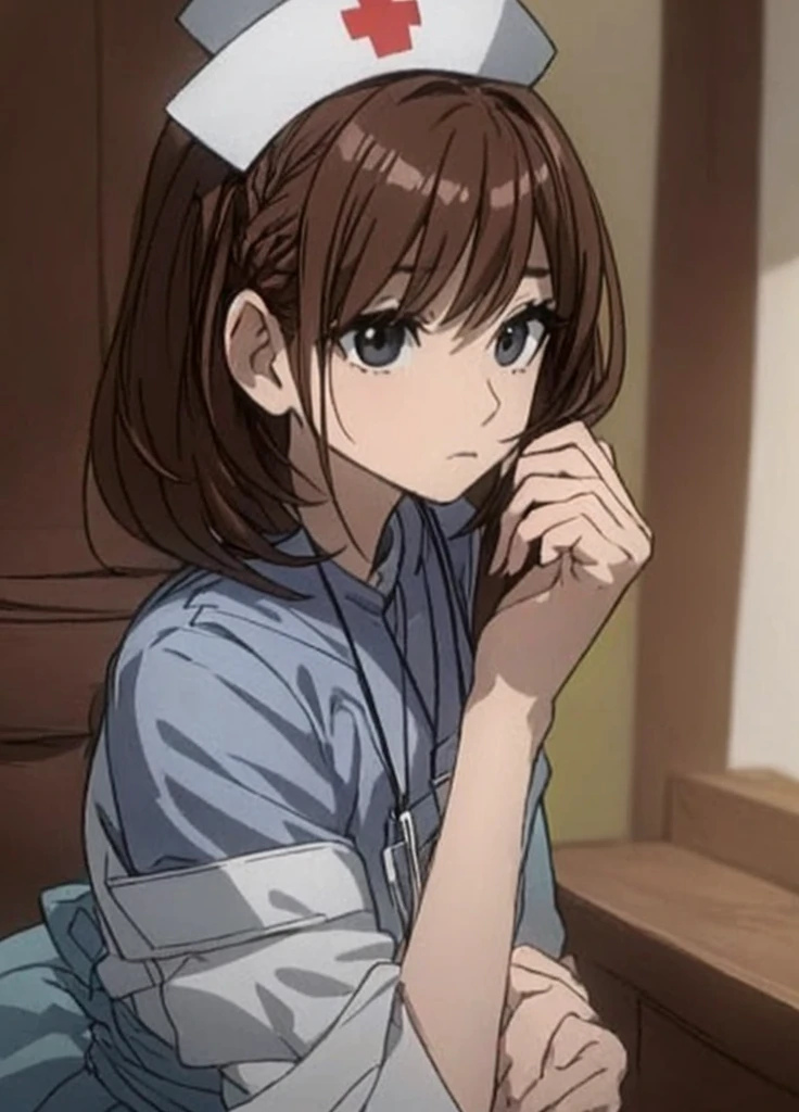 A beautiful nurse with a hairstyle similar to a bob cut is standing with a sad expression on her face.。