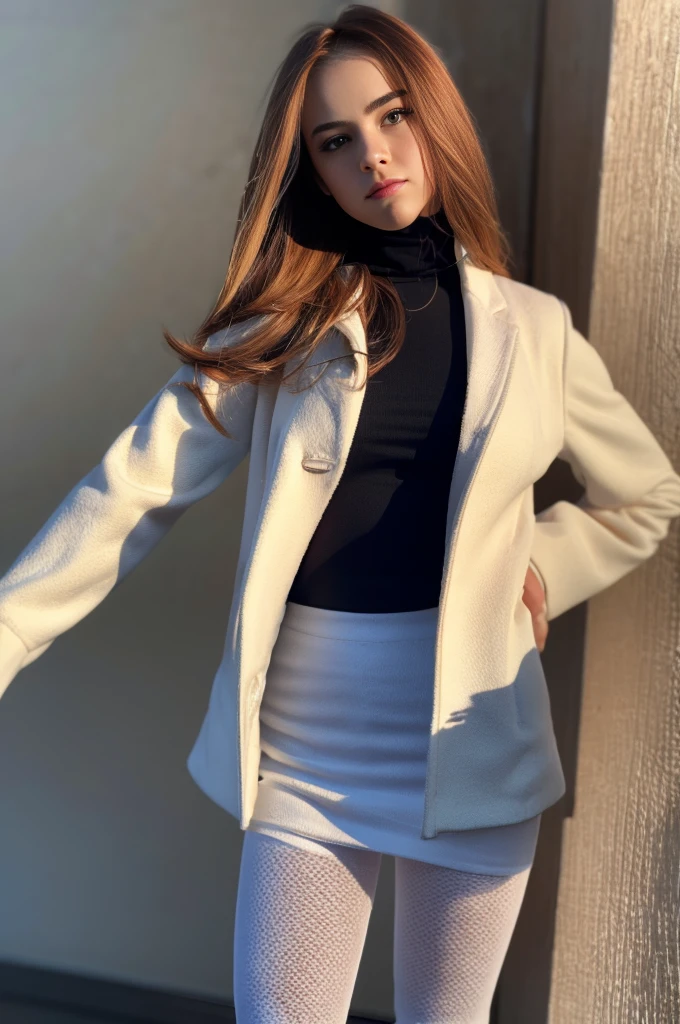 Redhead, full lips, modelesque figure, emarald green eyes, full body, soft cinematic lighting, white turtleneck, blue jacket, mini skirt with black full length leggings ,one person photoshoot, stoic expression