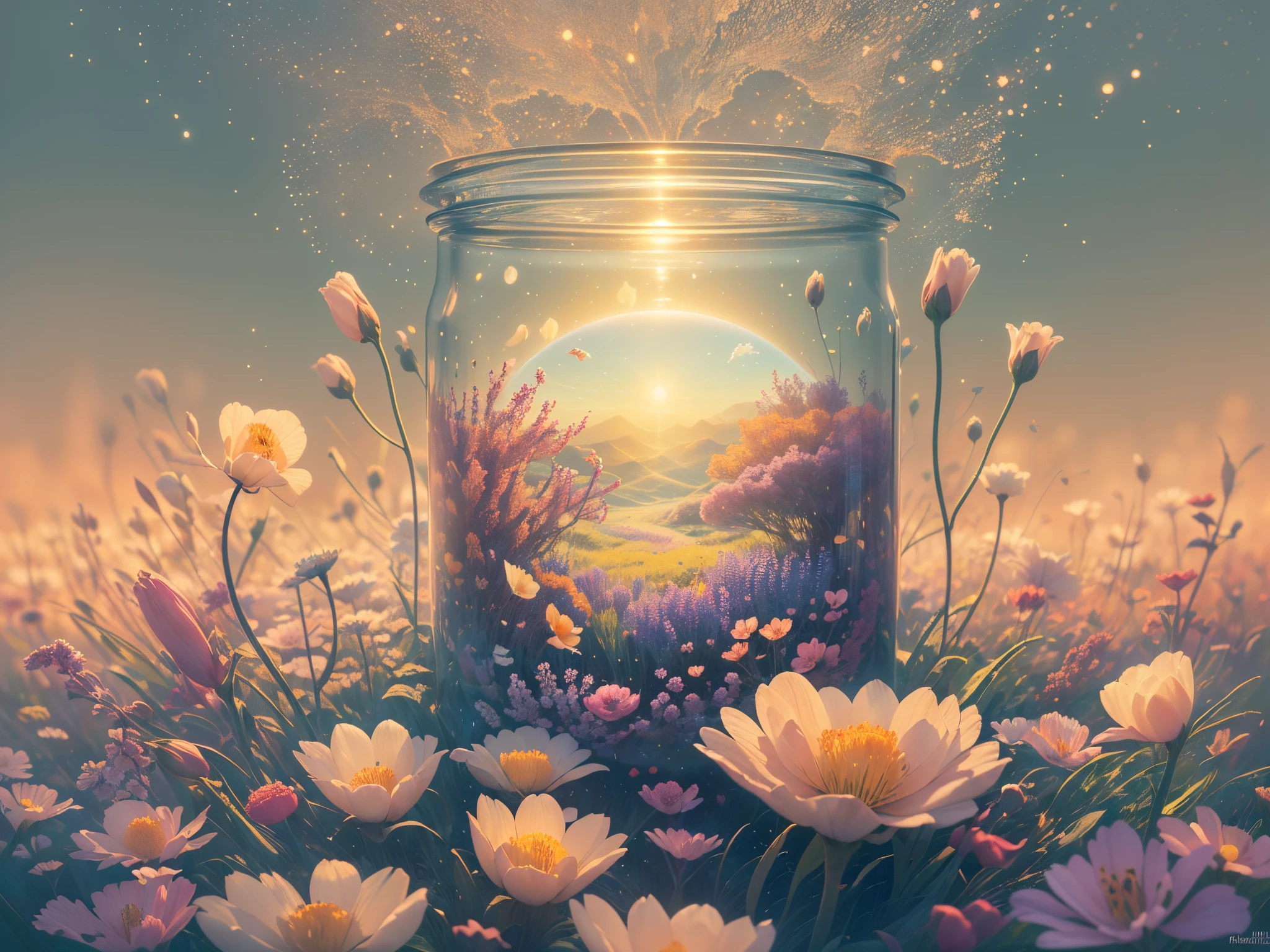 ((best quality)) , ((masterpiece)) , (detailed) ,in spring, ((flower sea)) , ((flowers meadows)) ,Hyperpop, intricate background,at Sunrise, illustration, Depressing, Candle light, 800mm lens, Mono Color, dynamic composition, dreamy magical atmosphere, Highres, arthouse, 8k resolution