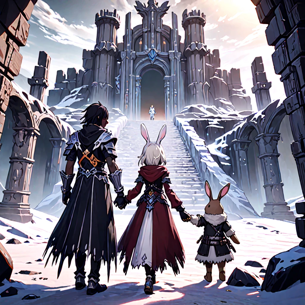 A tall man has long black hair, dark skin, and red eyes. The woman, with rabbit ears, short white hair, tan skin, andbrown eyes. Both are holding hands and dressed in Winter Final Fantasy 14-inspired attire. Medium-shot. from-behind. Background: The ancient, freezin ruins of Coerthas, with crumbling stone structures, remnants of an ancient civilization, and a hint of magical aura. Soft, ambient lighting. best quality, masterpiece, ultra-detailed, 8k, depth of field, cinematic composition.
