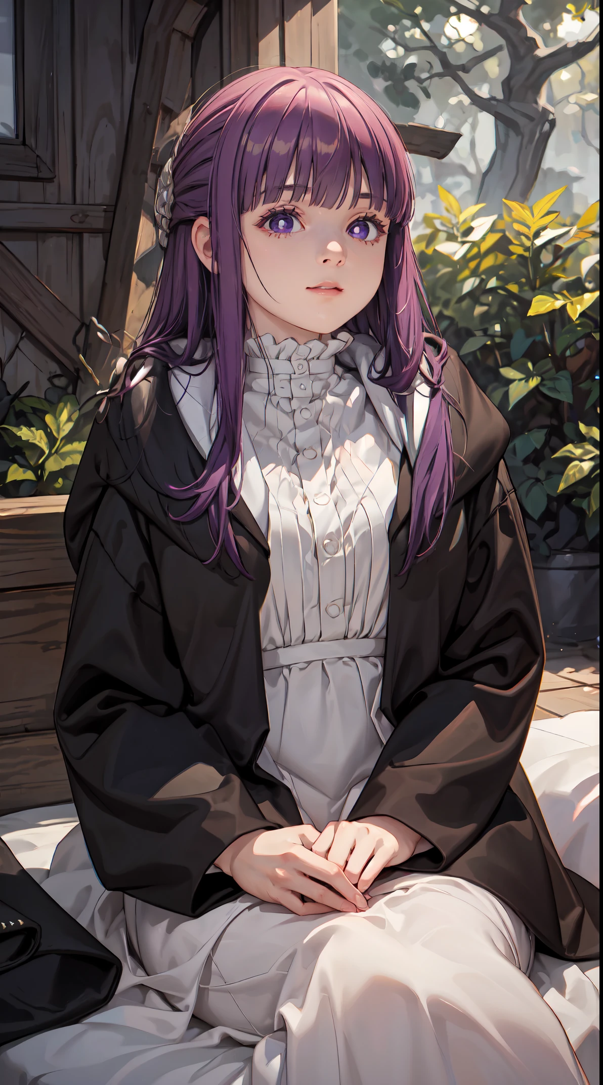 (purple hair:1.1,best quality,4k,8k,highres,masterpiece:1.2),ultra-detailed,(realistic,photorealistic,photo-realistic:1.37),Fern with vibrant purple hair sitting on a cushion in a serene garden, bathed in warm sunlight. She is surrounded by lush vegetation and colorful flowers, with delicate petals gently falling around her. Fern is wearing an elegant dress that complements her hair color, and the fabric flows gracefully around her as she sits. The digital art captures every intricate detail of Fern's vibrant hair, her expressive eyes, and her serene smile. The overall scene is rendered with vivid colors and a high level of realism, creating a mesmerizing masterpiece. The lighting accentuates the beauty of both Fern and the garden, highlighting the rich tones of the purple hair and the natural beauty of the surrounding flora. The artwork is a perfect blend of realism and artistic interpretation, showcasing the beauty of Fern and the tranquil atmosphere of the garden.