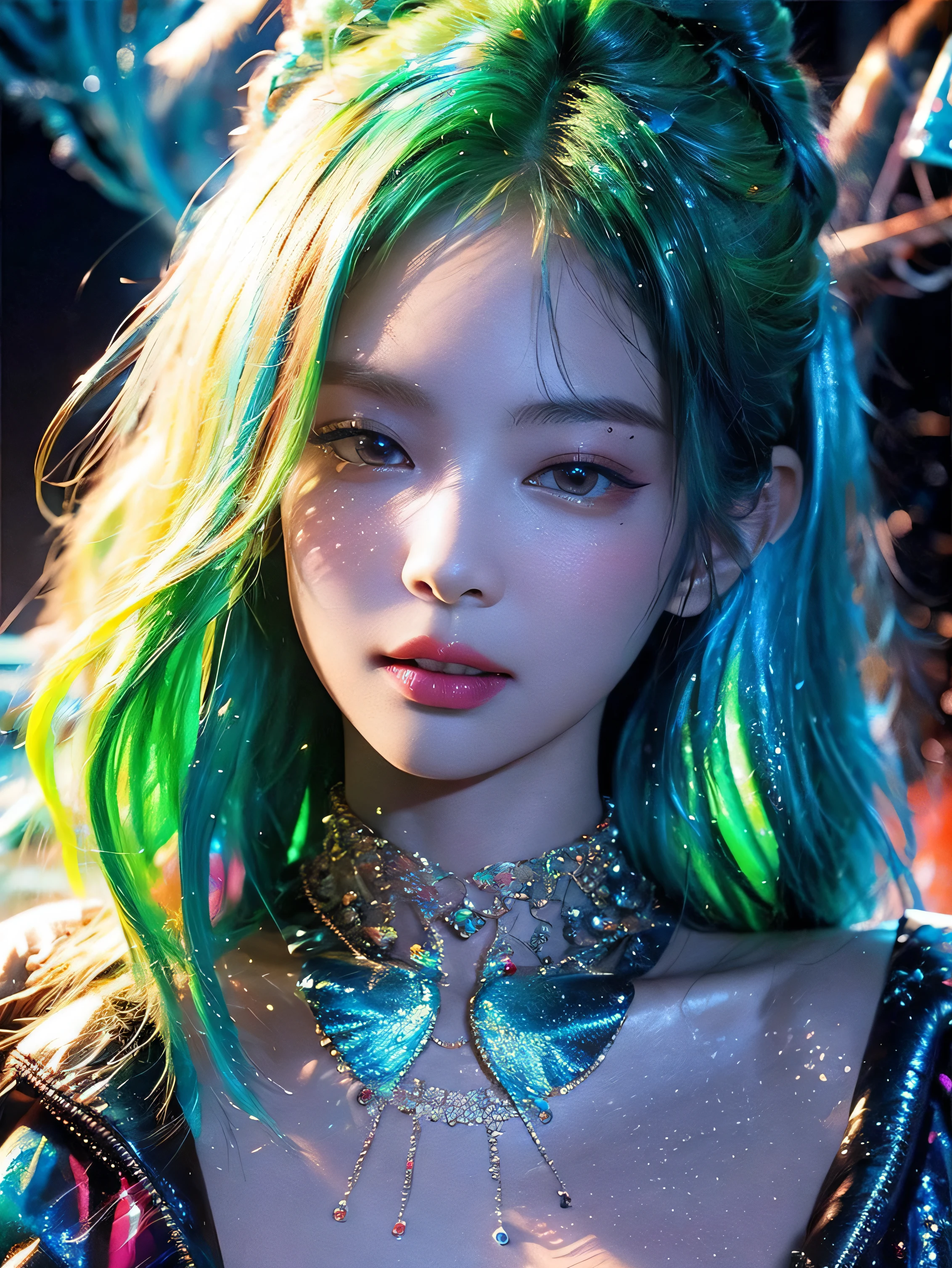 Glow in the dark ,Paint splashing,Captivating psychedelic surreal neon amazing universe beautiful gorgeous women in a bright colorful neon light,Mark Reiden、daniel merriam、Bright neon colors in the style of Frank Frazetta and Boris Vallejo, 、fashion clothes,Sandals,super realism, trippy, ornate, beautiful, fine Detail, intricated detail, Hyper detailed, oil painting, intricate colors, Jennie Kim,