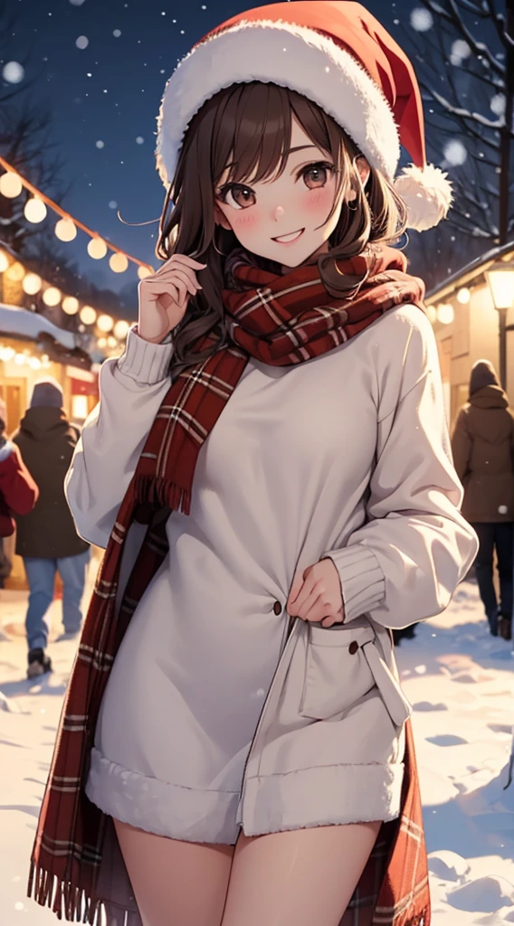 (masterpiece), (best quality), girl standing outside in the snow, wavy brown hair, (nude: 1.2), santa claus hat, plaid scarf, smiling, sexy, perfect body, christmas lights, night, (snowing: 1.25)