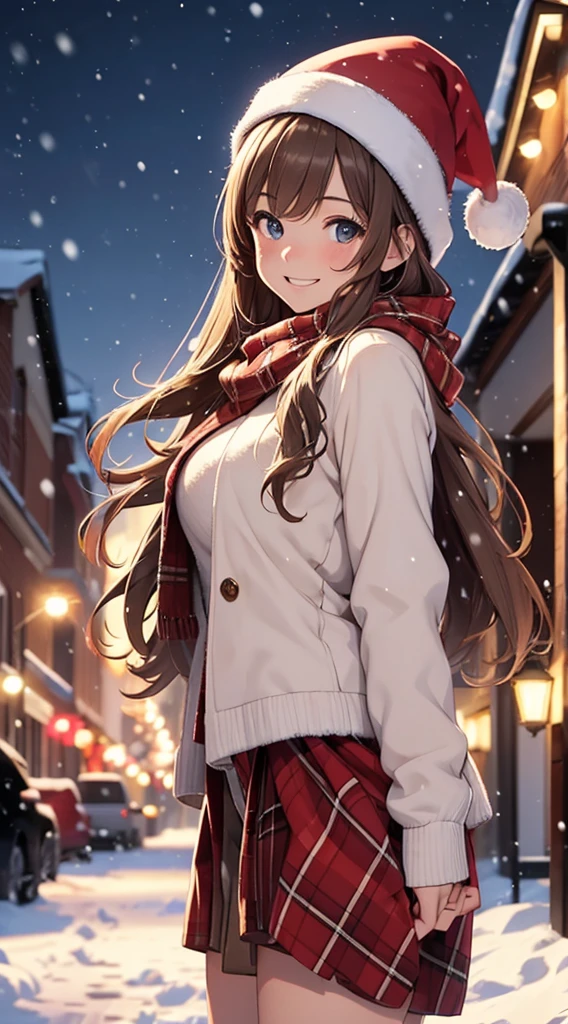 (masterpiece), (best quality), girl standing outside in the snow, wavy brown hair, (nude: 1.2), santa claus hat, plaid scarf, smiling, sexy, perfect body, christmas lights, night, (snowing: 1.25)