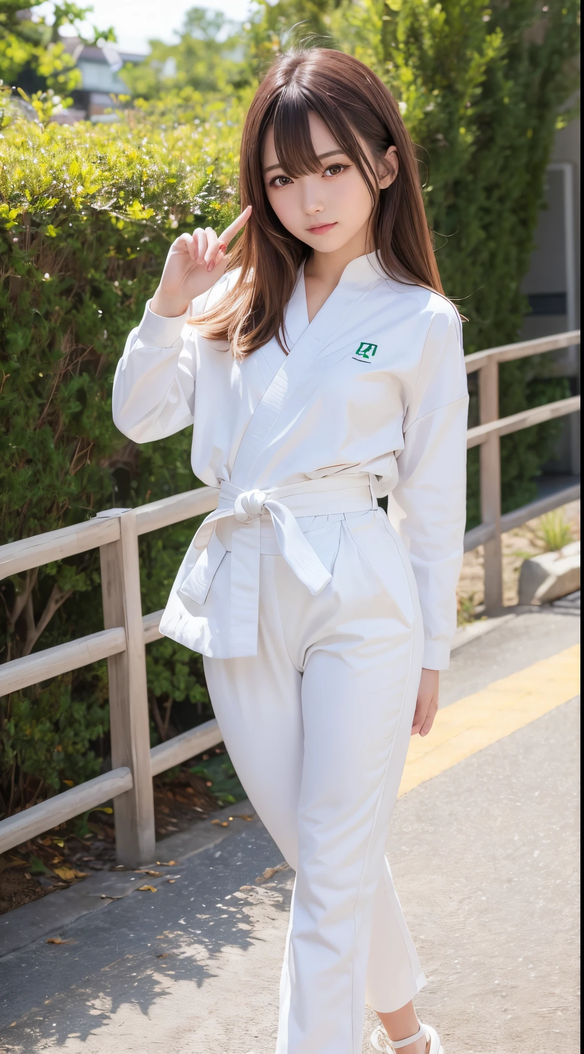 (Photorealsitic)(ers old), Pretty Woman, (Full body 8K portrait), 1 girl in, White Karate Uniform, White karate pants, Stand alone, Large and dynamic hand and foot movements, Stick out your fist, Make a high side kick, Correct skeleton, Perfect facial detail, (Smile: 1.15), attractive beautiful face, gazing at viewer, a small face, 二重まぶた, Beautiful detailed eyes, long eyeslashes, ligh brown hair, bobhair,style hairstyle, Toned waist, Beautiful thin legs, toned ankles, bare-legged ,TOKYOcty, Green in the background, no nsfw