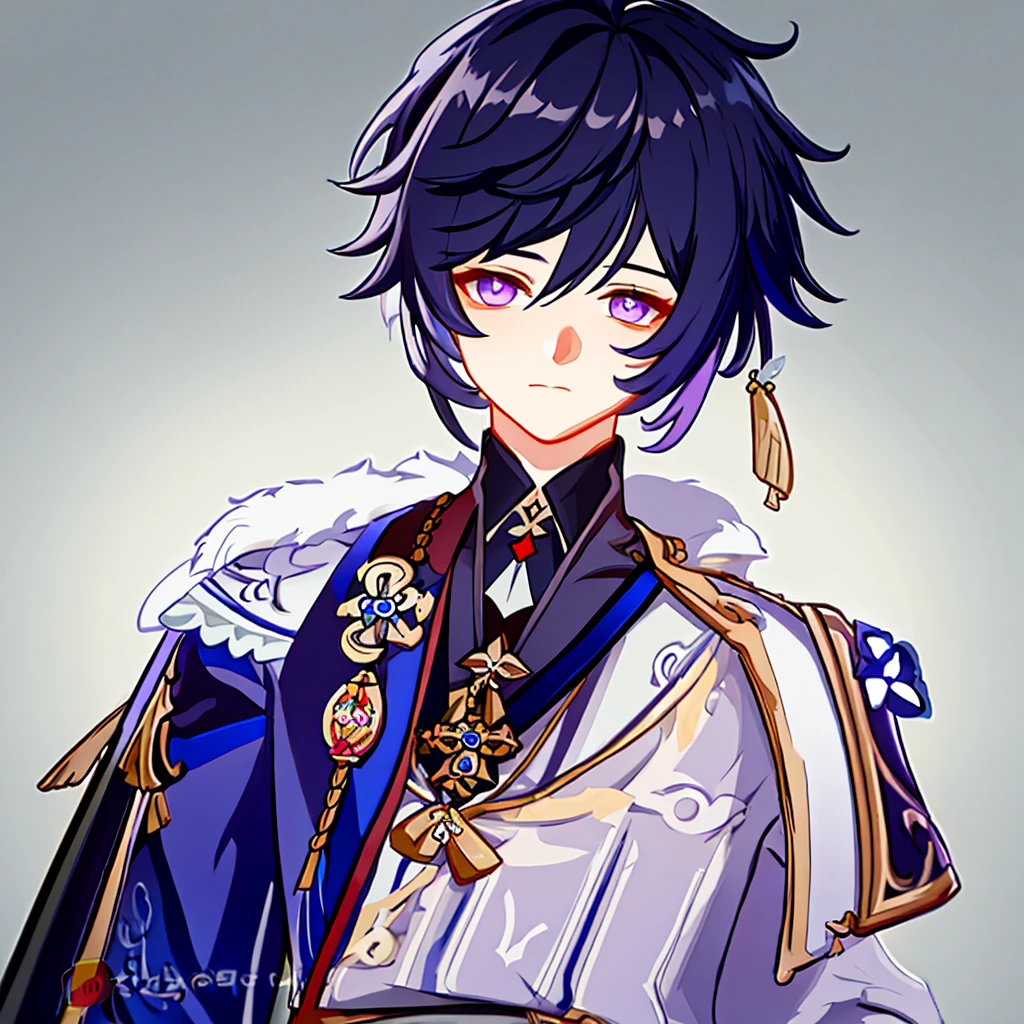 A , with messy short boyish hair, black hair, lavender eyes, adorable eyes, (correct anatomy, advanced details, high quality result), (male), (solo), (young), [realistic], [vivid colors], [studio lighting], [sharp focus], [physically-based rendering], [extreme detail description], [portraits], [soft and warm tones], [natural lighting], [Genshin Model Style], [Genshin Impact Model Style]