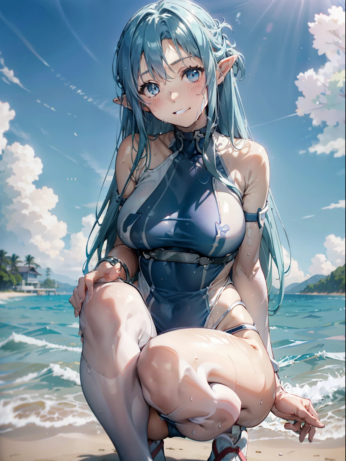 Wet, Asuna, Medium breast, The ultra -The high-definition、high-level image quality、top-quality、Full limbs、complete fingereautuful Women、1 persons、embarassed expression、smile, mSchool Swimsuit、knee high、Indentation、standingn、Grow legs、Summer Beach、cinematlic lighting