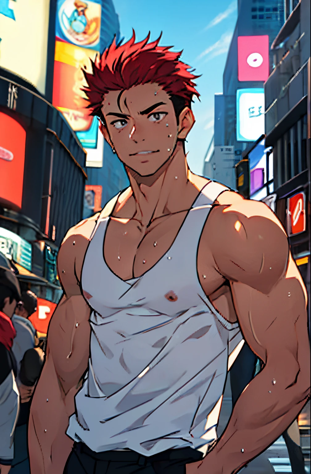 A mais alta qualidade, 8K, image high resolution, Detailed strokes, no meio de uma avenida movimentada estilo Times Square, 夏天 , muito calor, apoiado em um dos postes, adolecente, Red Hair, wearing a tank top , masculo, chest a little tight in the shirt , suado, (Angulo de Baixo), (Angulo Perto) , pernas definidas, defined arms, abdomen definido, com a camisa, sweaty shirt