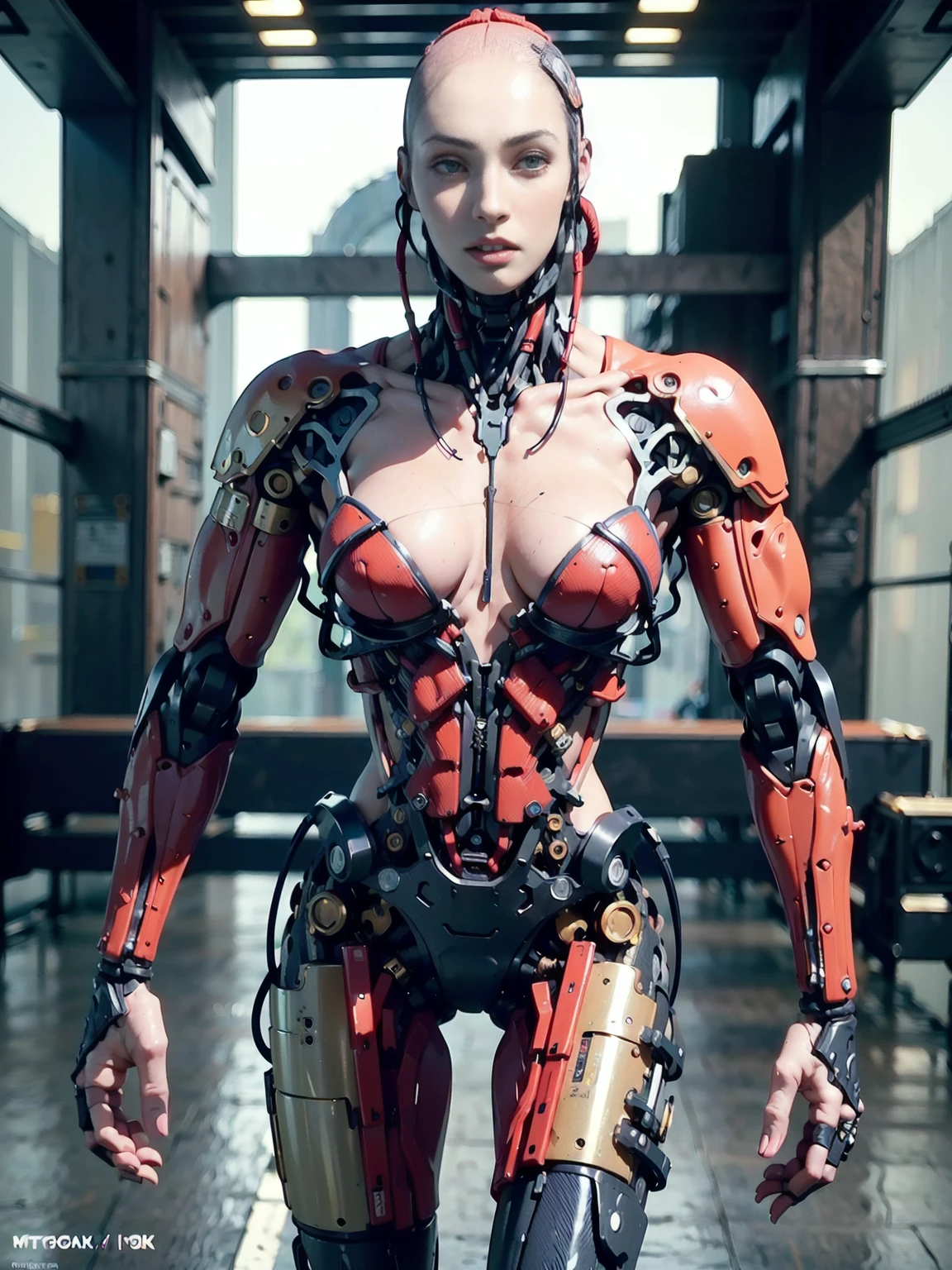 (beautiful muscular female cyborg:1.25), (megan-fox:1.5), (full body pose), (mechanical muscles and tendons:1.5), (no hair), (bald head covered in cables:1.5), (robotic mechanical physique:1.5), (super muscular female cyborg:1.5), (covered in cables and mechanical muscles:1.5), (android muscular anatomy:1.5), (perfect fingers:1.25),(8k, RAW photo, photorealistic:1.25), sci fi atmosphere, futuristic dystopia, alien landscape,