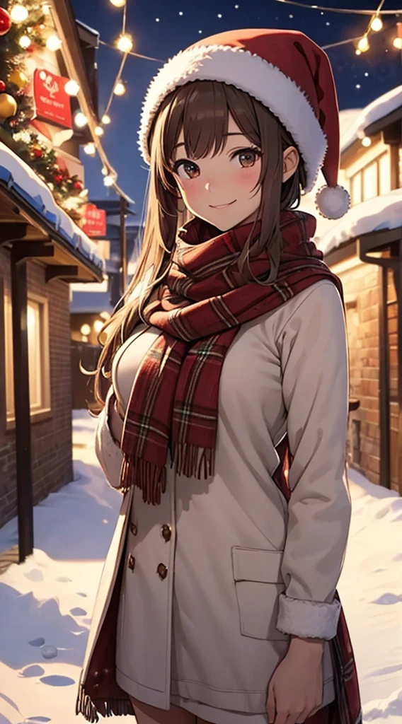 (masterpiece), (best quality), girl standing outside in the snow, wavy brown hair, ((nude)), santa claus hat, plaid scarf smiling, sexy, perfect body, christmas lights, night