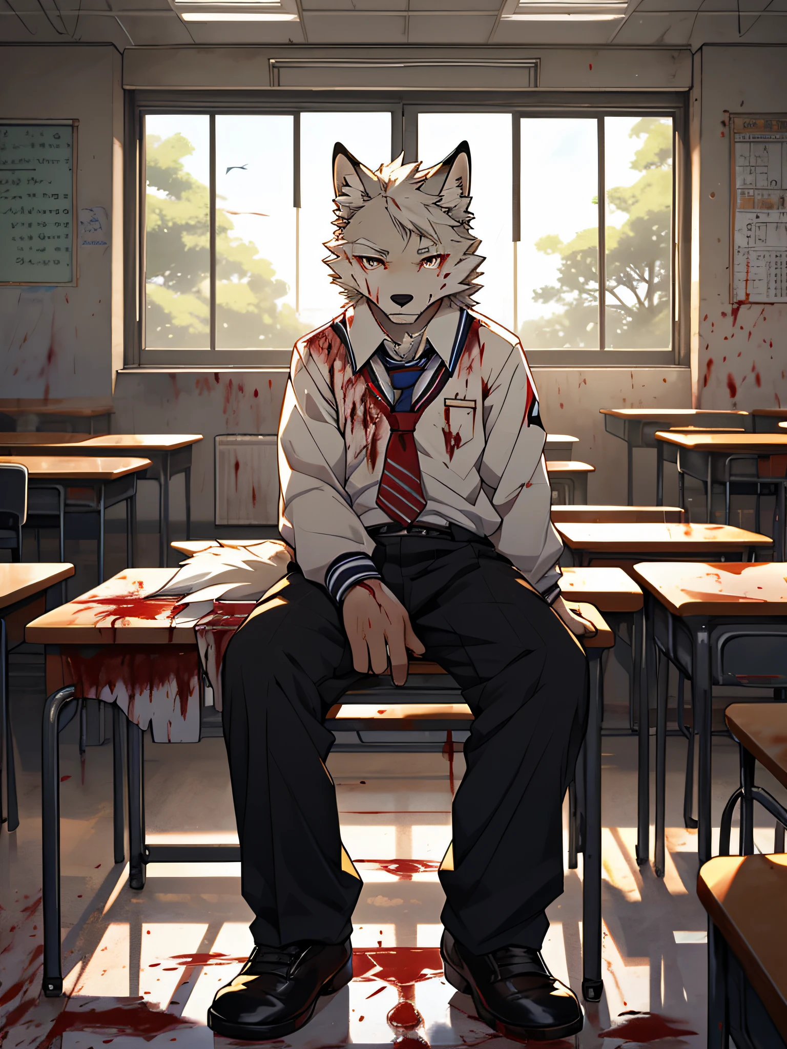 furry,bara,Shota,White Wolf,masculine,Wear a school uniform and long pants..,Sitting in the classroom,gold goes out the window,The face is motionless..((There were obviously blood stains all over the classroom..)),dark tone images