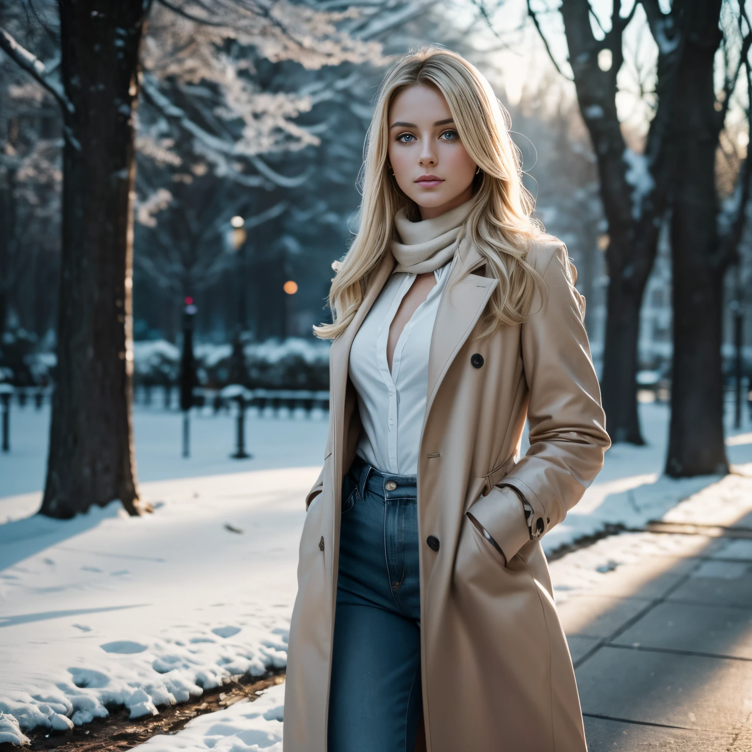 professional full body photo, (4k photo:1.1) by (Jeremy Lipking:0.3), (Dittmann Anna:0.3), (Arian Mark:0.3), (Sharp focus:1.erfect face, Great lightning, high detail, blond hair, Instagram model pose, confident, fit girl, lean girl, L breasts:1.2, perfect anatomy, perfect symmetry:1.2, realistic, realistic face:1.2, perfect face, happy, confident, highly detailed, and dramatic, cinematic lighting, bright scene, soft lights, light blue eyes, 21 years old, luxury, horny, hourglass body shape, athletic build, nice legs, nice feet, Sexy lady, walking in park, light brown Kashmir coat, scarf, sfw, French style park, at night, white shirt, classy pant's, focus on park, Walk in park at night, taken with Canon EOS R5, 50mm lens, f/2.8, HDR, (8k), (film lighting), (dramatic lighting), (Sharp focus), (complex), (body of varied colors, heelull body shot)), Various positionterior background in park at night))), Large distance between model and camera