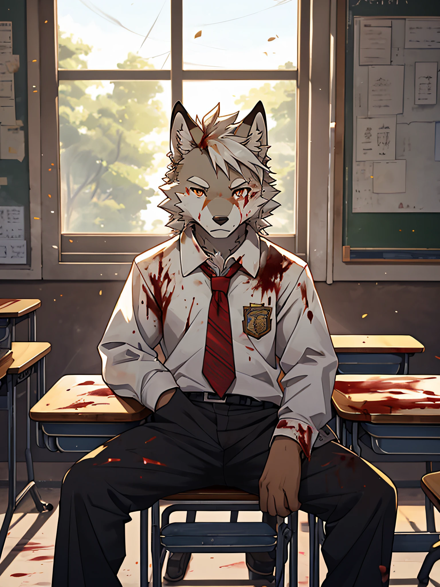 furry,bara,Shota,White Wolf,masculine,Wear a school uniform and long pants..,Sitting in the classroom,gold goes out the window,The face is motionless..((There were obviously blood stains all over the classroom..)),dark tone images