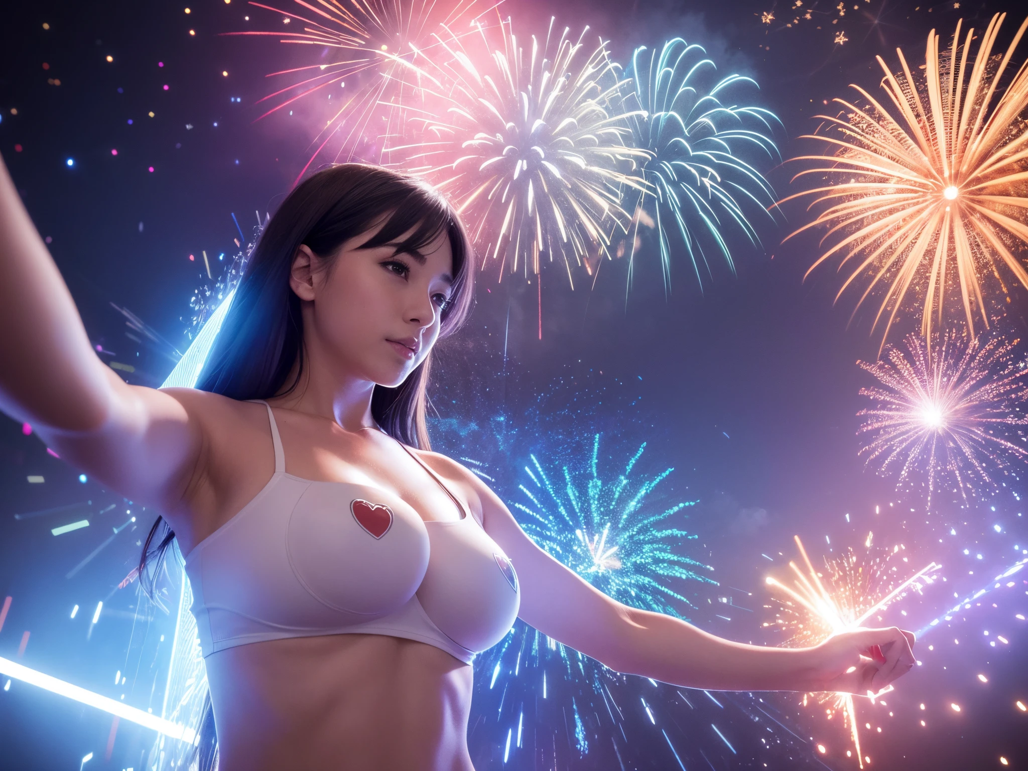 Imagine a futuristic 4th of July celebration with holographic displays and fractal projections, symbolizing the technological revolution intertwined with the spirit of freedom. enormous tits