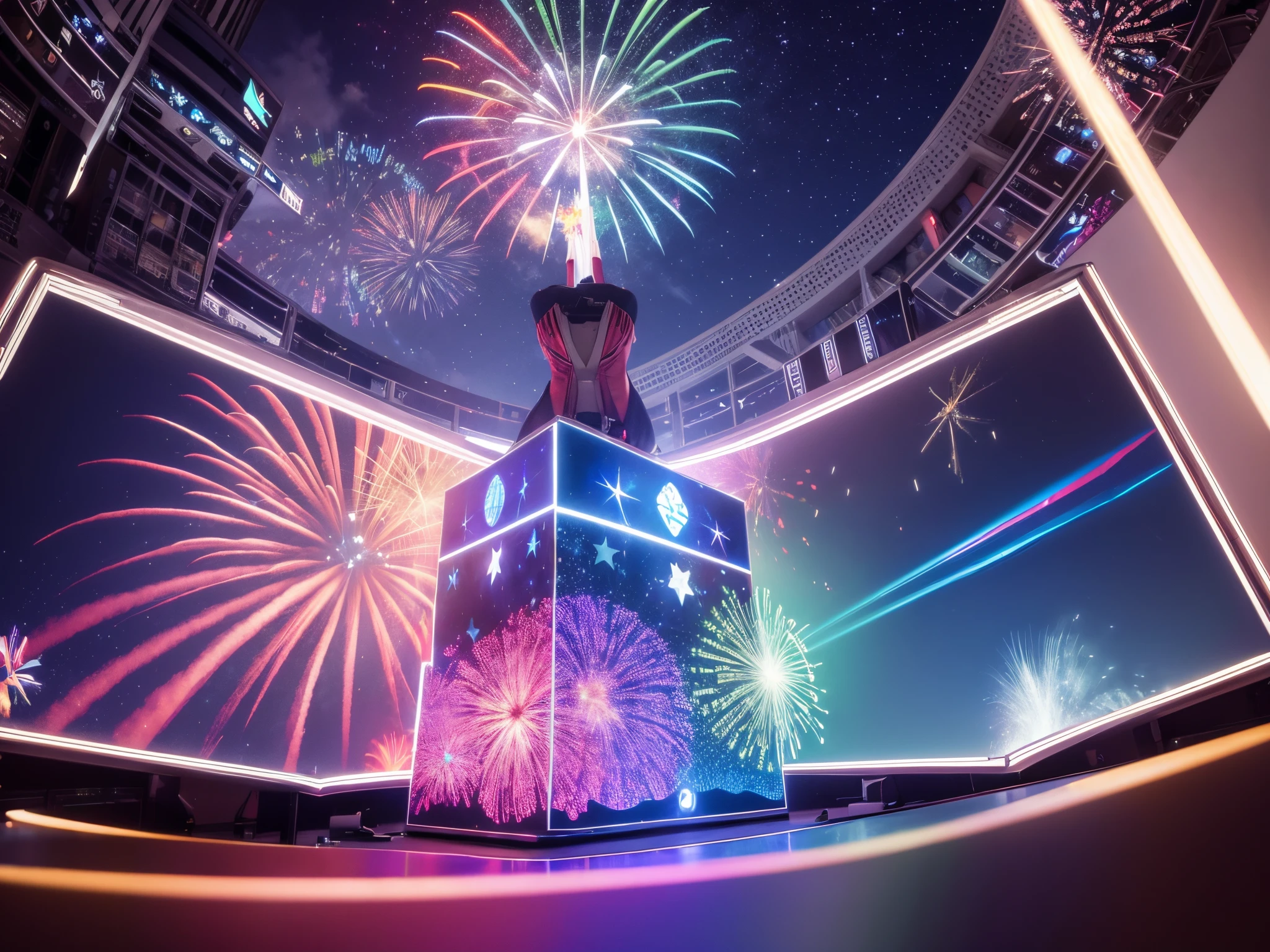 Imagine a futuristic 4th of July celebration with holographic displays and fractal projections, symbolizing the technological revolution intertwined with the spirit of freedom. enormous tits