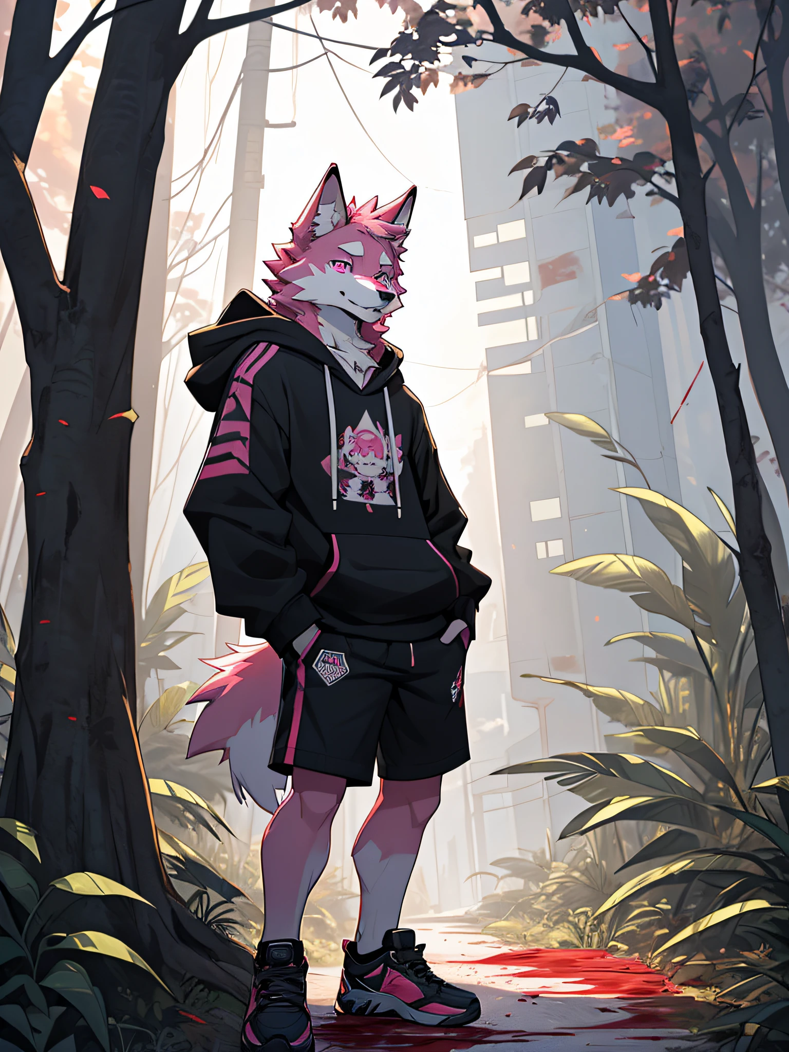 furry,bara,,pink fur wolf,pink eyes,He was wearing a black hoodie and black shorts..,fashion shoes,in the correct mobile phone,Standing under a dead tree on a hill,Tilt your neck slightly..,((Blood groaned all over his body..)),Smiling faces,((The area was dark and there were only dead trees..)),straight-looking at viewer