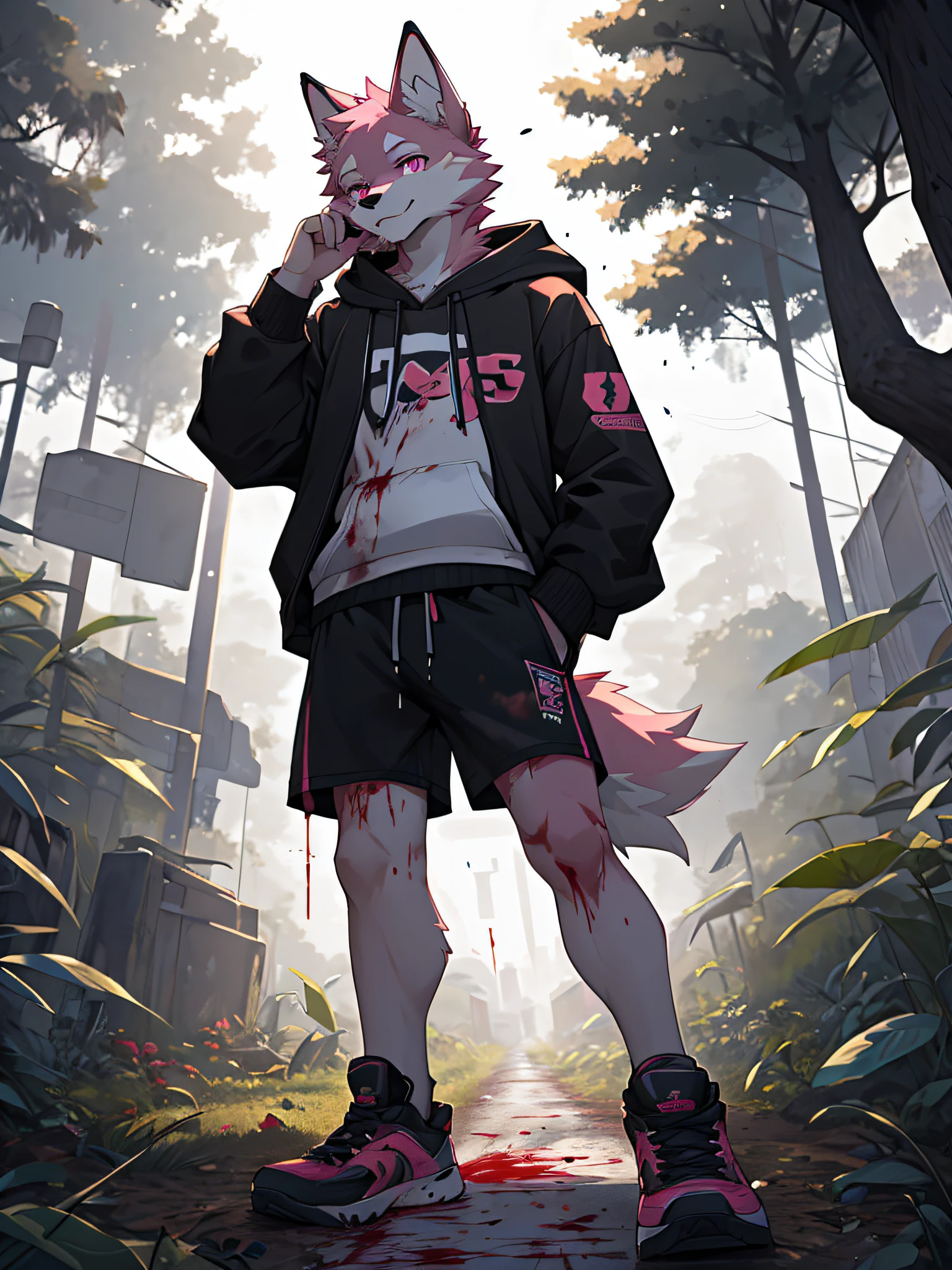 furry,bara,,pink fur wolf,pink eyes,He was wearing a black hoodie and black shorts..,fashion shoes,in the correct mobile phone,Standing under a dead tree on a hill,Tilt your neck slightly..,((Blood groaned all over his body..)),Smiling faces,((The area was dark and there were only dead trees..)),straight-looking at viewer