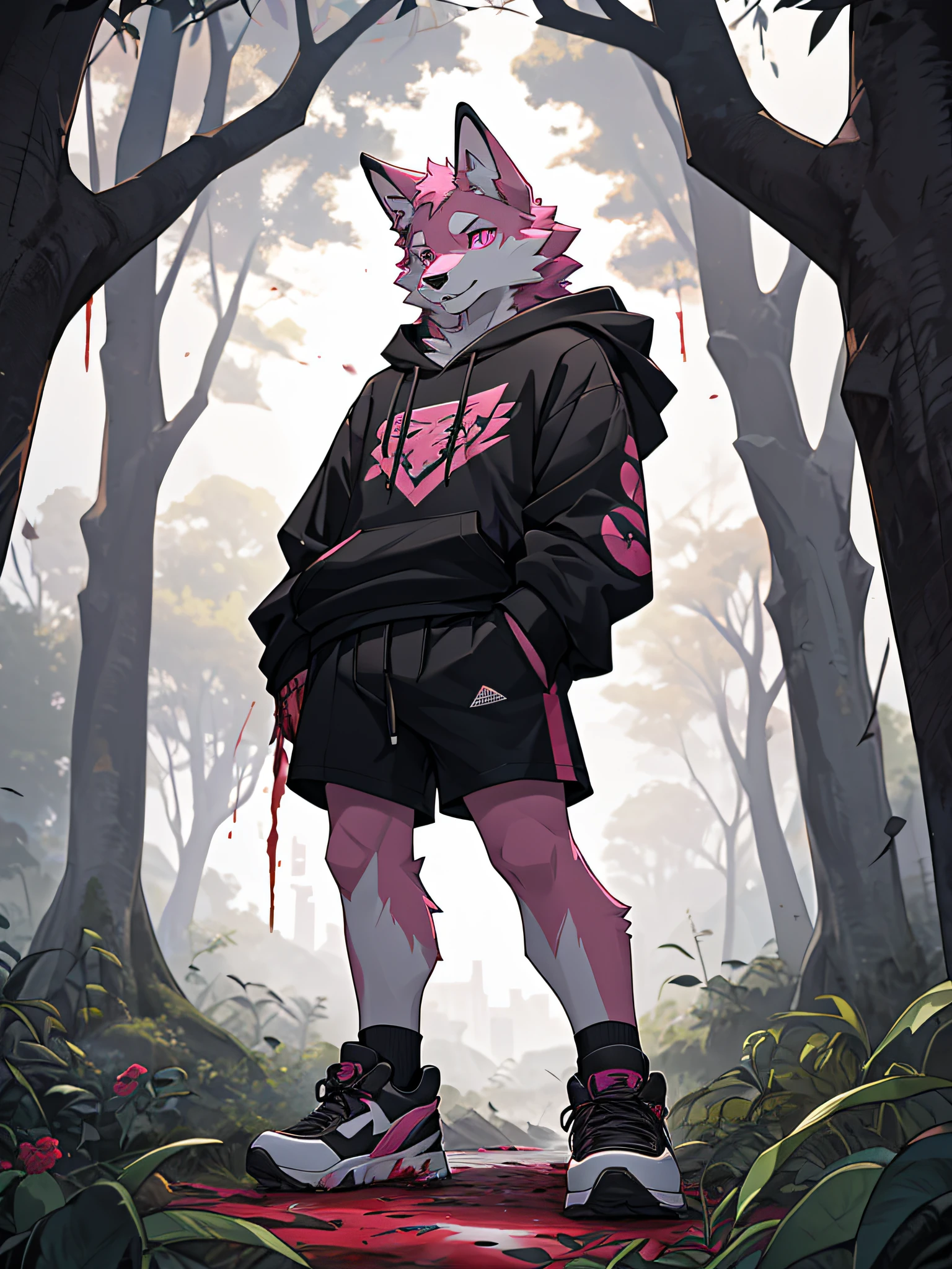 furry,bara,,pink fur wolf,pink eyes,He was wearing a black hoodie and black shorts..,fashion shoes,in the correct mobile phone,Standing under a dead tree on a hill,Tilt your neck slightly..,((Blood groaned all over his body..)),Smiling faces,((The area was dark and there were only dead trees..)),straight-looking at viewer