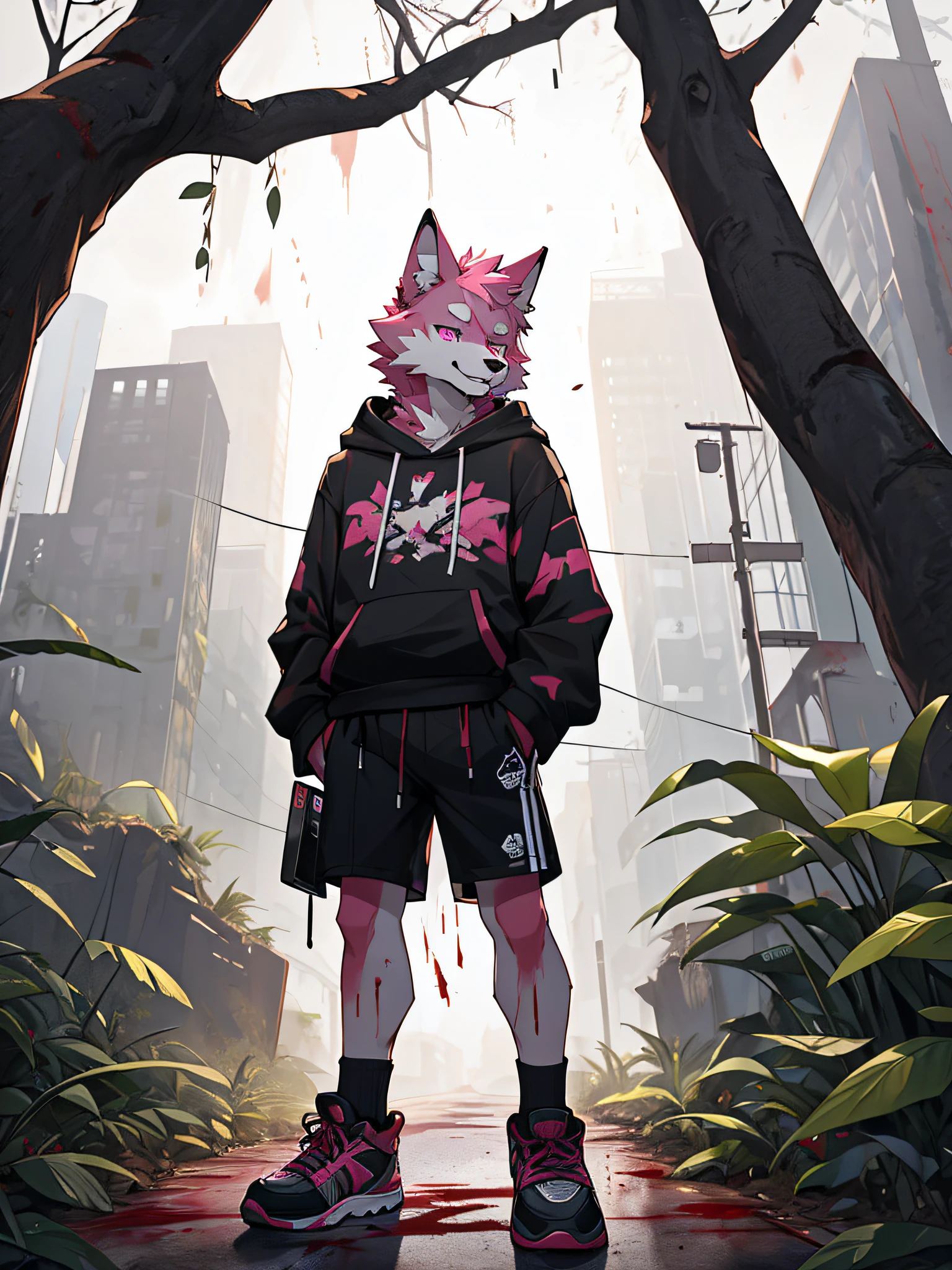 furry,bara,,pink fur wolf,pink eyes,He was wearing a black hoodie and black shorts..,fashion shoes,in the correct mobile phone,Standing under a dead tree on a hill,Tilt your neck slightly..,((Blood groaned all over his body..)),Smiling faces,((The area was dark and there were only dead trees..)),straight-looking at viewer