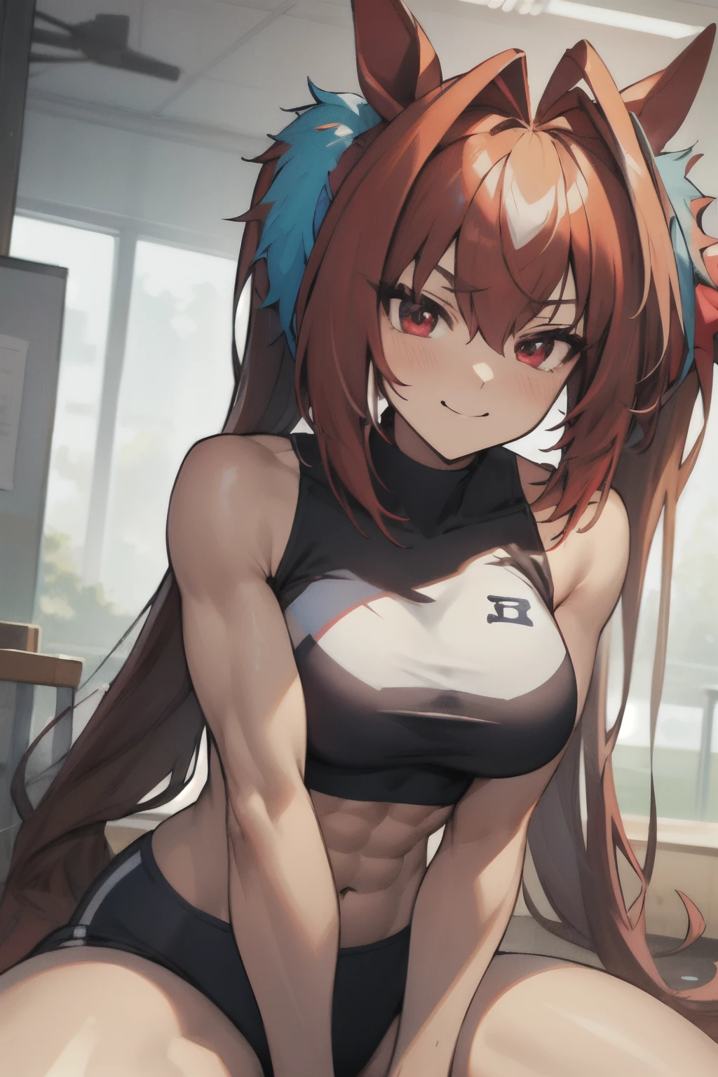 daiwa scarlet\(umamusume\), (ultra-detailed face), masterpiece, best quality, slender, muscular, abs, rikujou, horse tail, large tits, light smile, athletics track, hand between legs, closed mouth