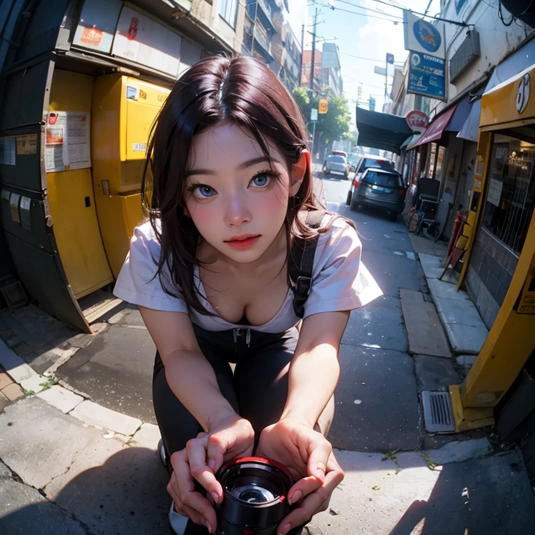 (masterpiece, best quality:1.3, fisheye), extremely high detailed, intricate, 8k, HDR, cinematic lighting, front pov ((street:1.4, bent over against pov, hands grabing viewer )), yuna, petite, slim waist, wide hips, narrow face, plump cheeks, small boobs, beautiful ocean blue eyes, looking at viewer, wearing a loose fitted ootd.