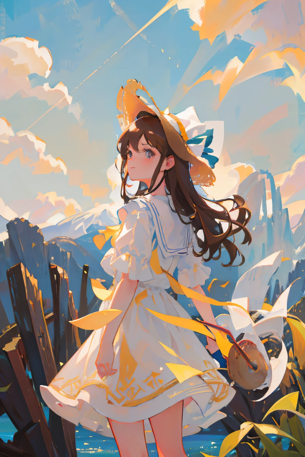 (tmasterpiece,HighestQuali,4k)meteor shower,Skysky,uni,mountains in the distant,1girll,cute female child,Brown hair long,Hair is blown up by the wind,Wearing a white dress,white stockings,Straw Hat Hat,(Turn around and look at the audience),aethereal,fine