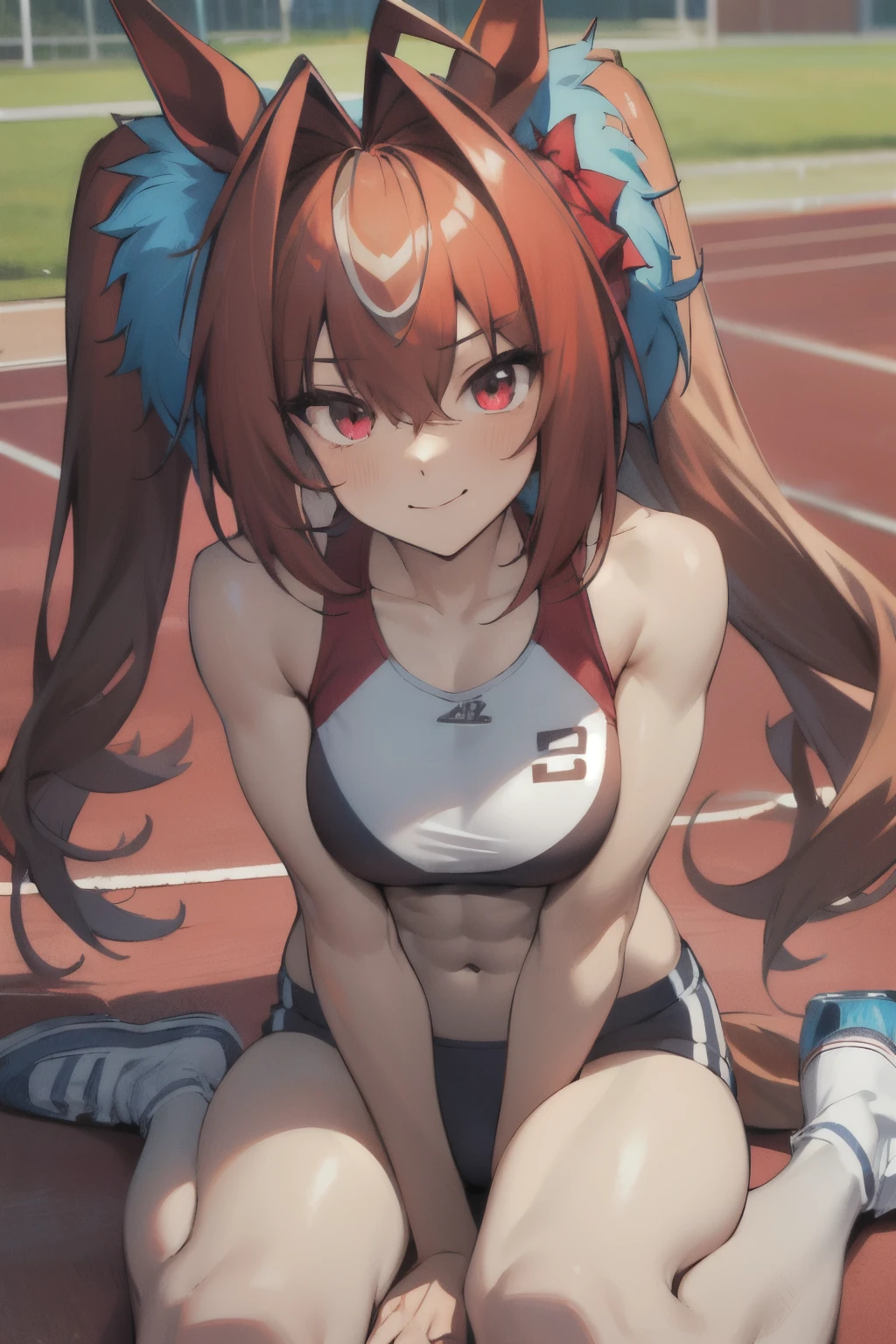 daiwa scarlet\(umamusume\), (ultra-detailed face), masterpiece, best quality, slender, muscular, abs, rikujou, horse tail, large tits, light smile, athletics track, hand between legs, closed mouth