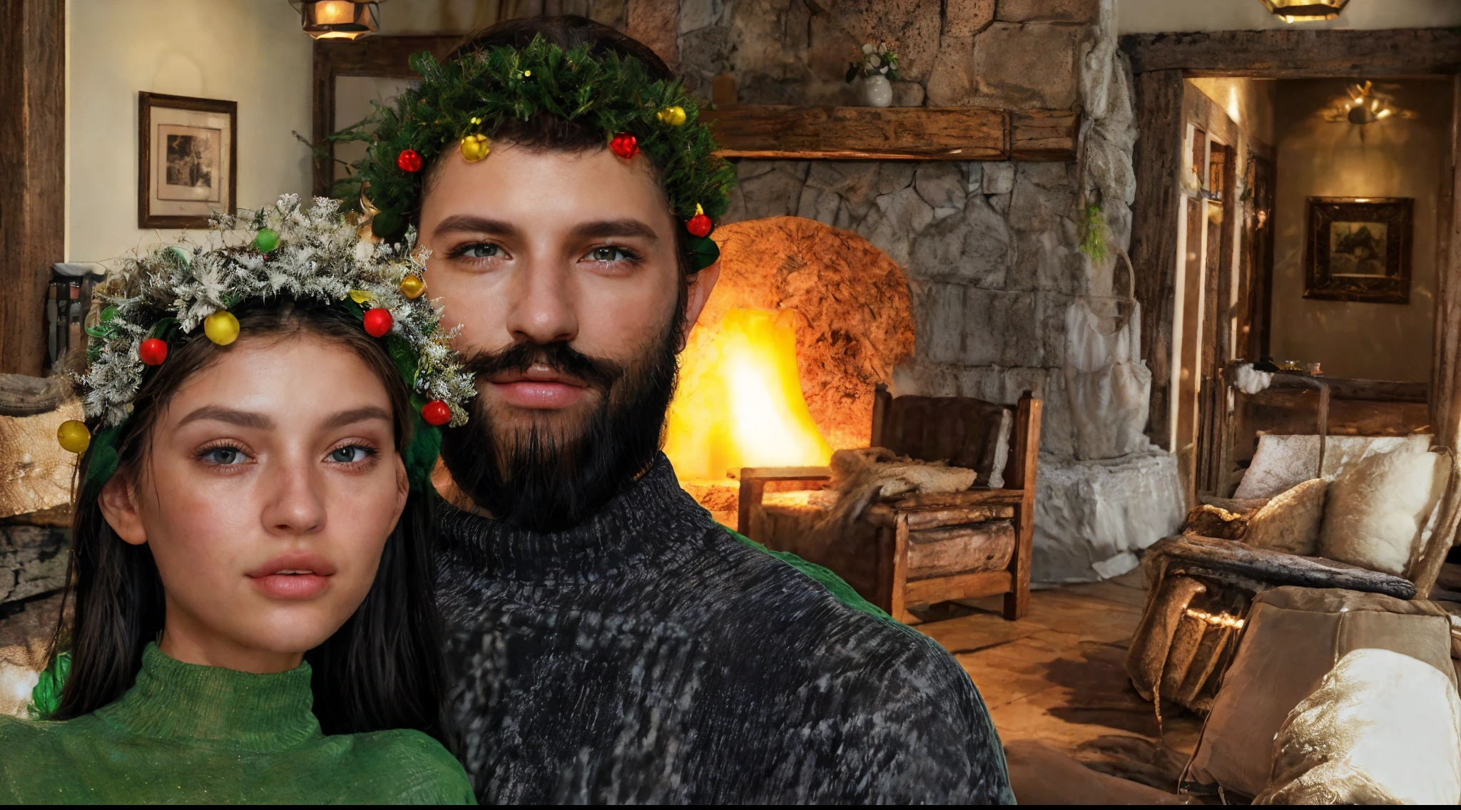 (melhor qualidade,4k,8k,Altas,master part:1.2),ultra-detalhado,(Realistic,fotorrealista,photo-realistic:1.37), par, olhar intenso, Olhos cativantes, modelo de moda, postura elegante, Holiday climate, clima festivo, fundo de inverno, Cozy setting, soft lighting, Roupas estilosas, confident expressions, cores vibrantes