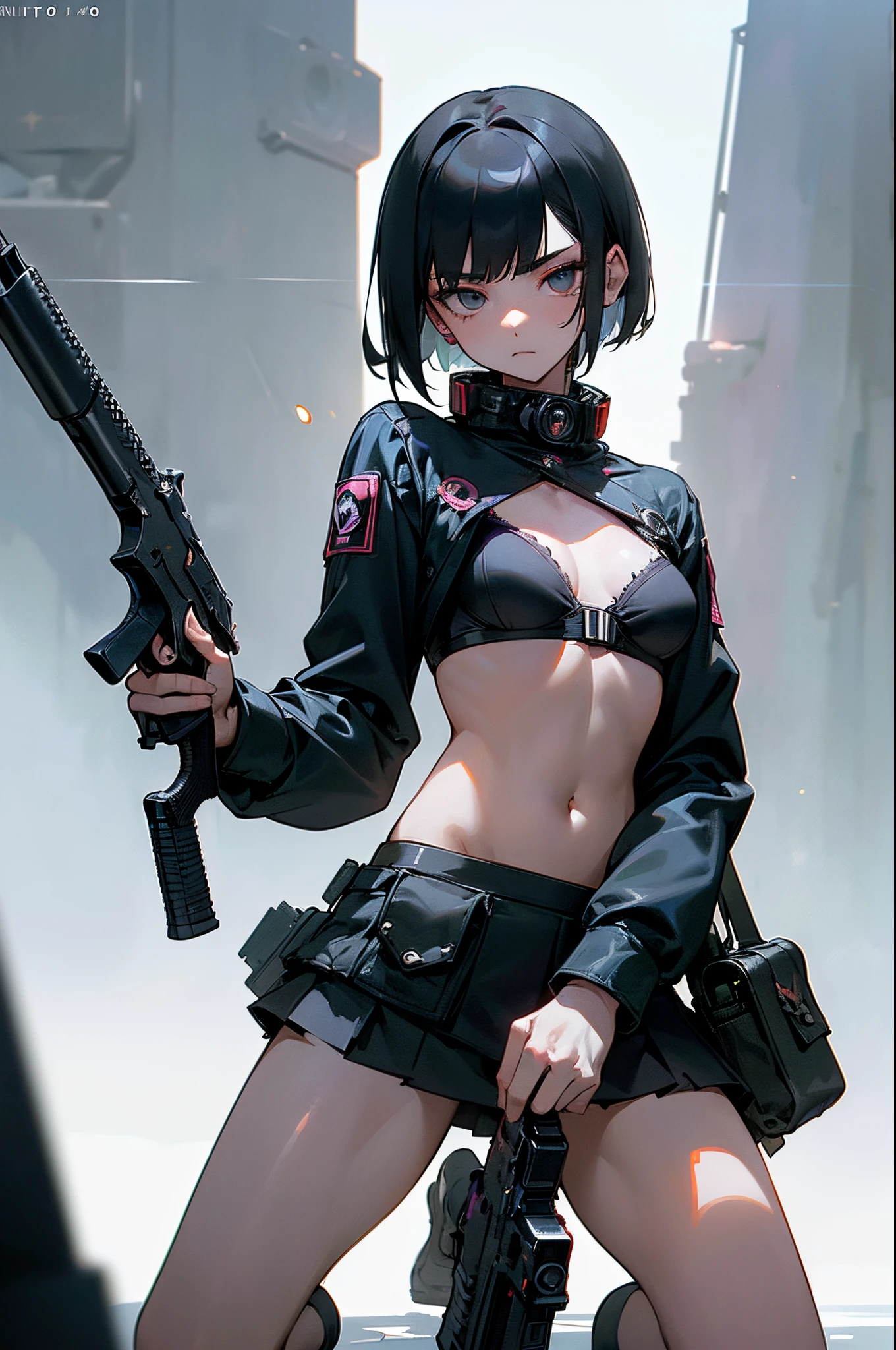 (Official art、Best Quality、Unity 8k Wallpapers、32K、 masterpiece、ultra-detailliert、High resolution,Perfect ???????),(natural soft light:1.2),Detailed beautiful face and eyes,best cel anime,cowboy shot,Turn your body to the viewer、Look at viewers、20-year-old beauty、japanes、(short bob hair),black hair,black eyes,serious facial expression,((smaller head:1.2,skinny:1.1,ideal ratio body proportions:1.2),tiny breast,gleaming skin,((punk fashion:1.3),Black bra、a miniskirt,(.Kneeling:1.5,held a gun in hand:1.3、point the muzzle at the viewer:1.2、Shoot the gun:1.3 muzzles explode:12,Detailed handgun),harbour、Cyberpunk city、