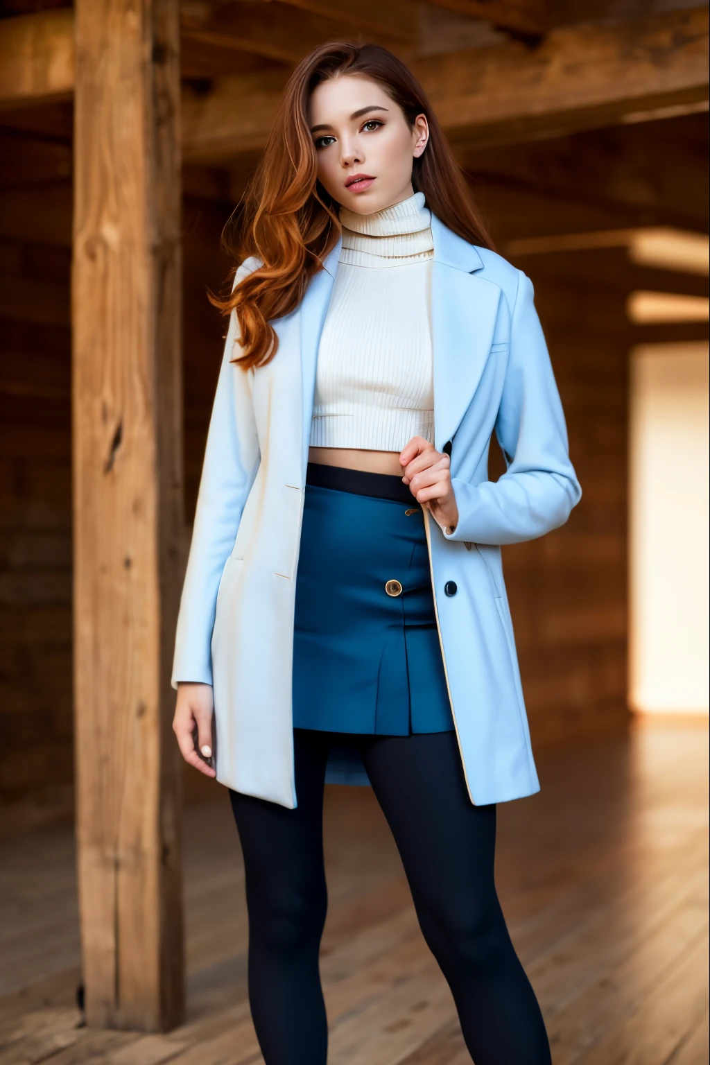 Redhead, full lips, modelesque figure, emarald green eyes, full body, soft cinematic lighting, white turtleneck, blue jacket,dark blue mini skirt with black full length leggings ,one person photoshoot, stoic expression