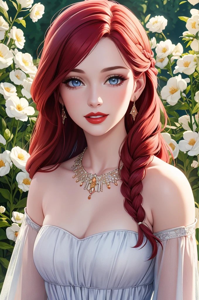 Illustration at a flower garden one woman, long red hair, Beautifully detailed blue eyes. Beautifully detailed red lips wearing a white strapless dress. Spring. (Best quality 4k high definition masterpiece...: 1.2) Very detailed ( Realistic:1.37)smile, Art masterpieces at the scene , Look straight at the camera..