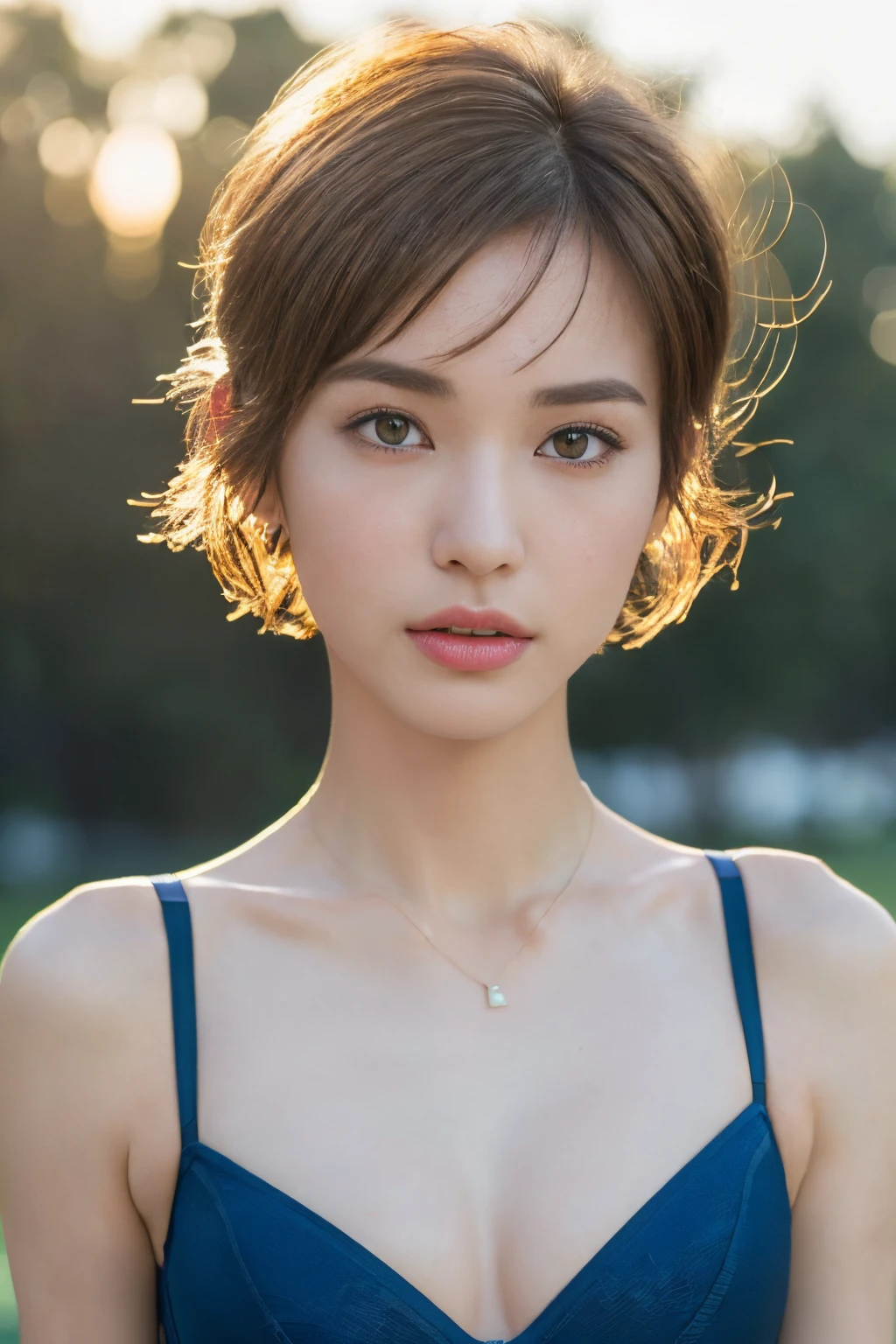 ((top-quality、8K、masterpiece: 1.erfect Body Beauty: 1.4、Slender Abs: 1.2、Beautiful woman with slender abs:1.3、(Highlight Haircutreast B Cup:1.2), medium breast, round shape breast, perfect shape breast, ((( wear blue sport bra))), pubic hair,hight pubic bone, necklace, hyperdetailed face、18year old、 Pretty women、(Dark brown short-cut hair), Slim Face、Highly detailed facial and skin texture、very detailed lips、opens legs、top-quality、masterpiece、超A high resolution、(Photorealsitic:1.4), walked forward confidently, long shot , (outdoor), bright background, sunset light,