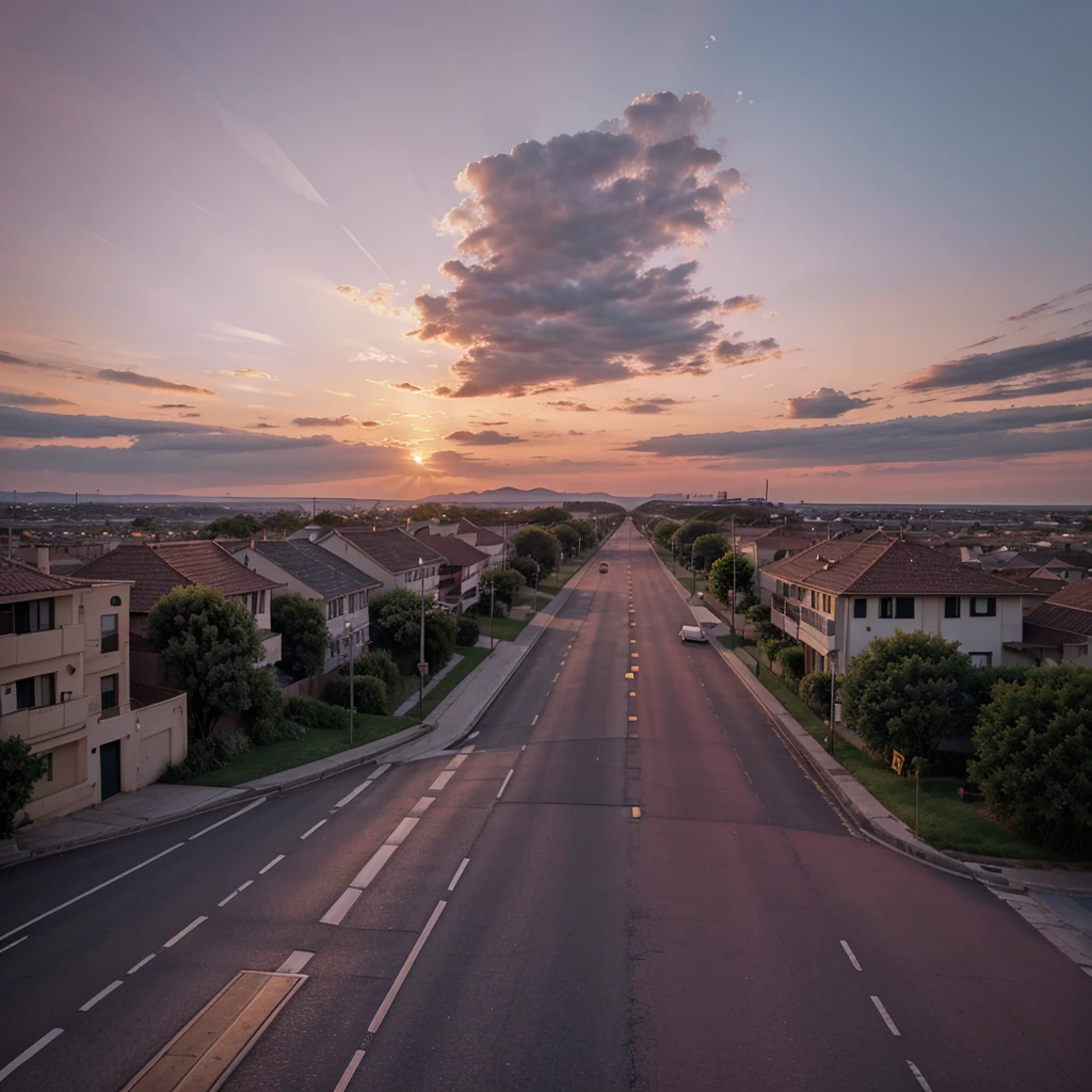 The picturesque atmosphere at sunset, when the weather is wonderful, the sky is pink, the road is long, and the evening is as far as the eye can see.